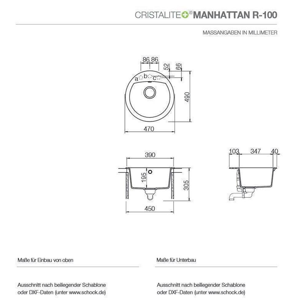 Manhattan Cristalite Schock Schock 47/49 U, GCR cm Croma Granitspüle Unterbauspüle R-100