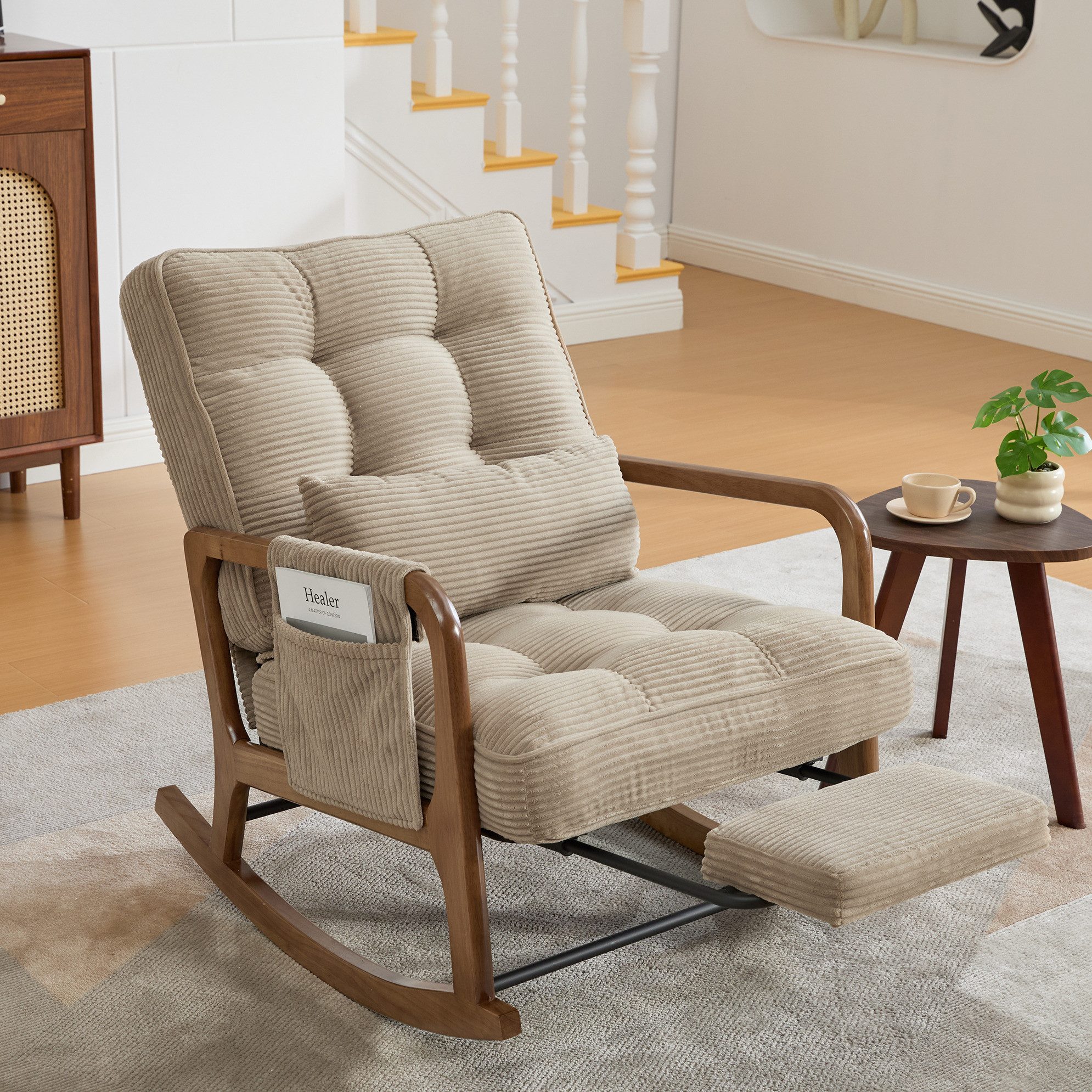 MODFU Loungesessel Ergonomischer Freizeitstuhl aus Cord mit Fußstütze (verstellbarer Schaukelstuhl und Baby-Sessel mit Lendenkissen), Schaukelstuhl Polstersessel