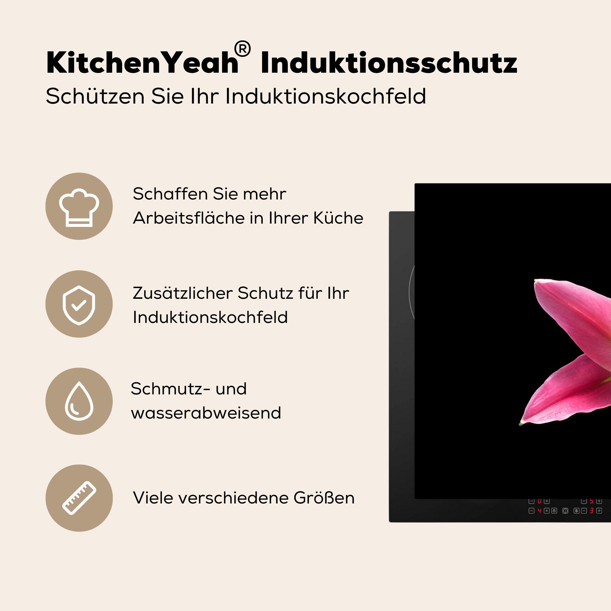 Induktionskochfeld 81x52 MuchoWow Lilie Schutz die küche, Ceranfeldabdeckung - cm, Vinyl, für - Herdblende-/Abdeckplatte Blumen Rosa, (1 tlg),