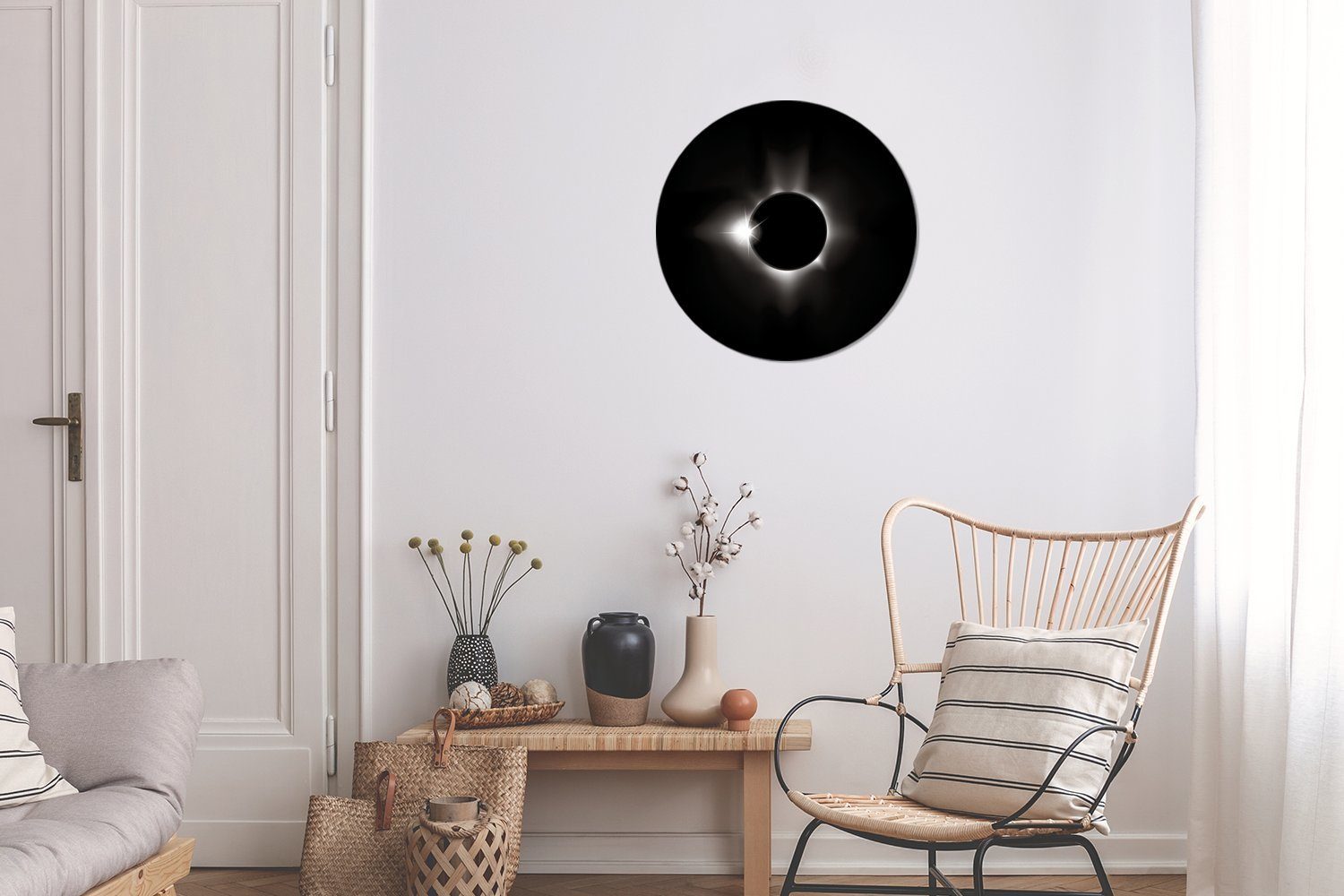 Sonnenfinsternis Tapetenaufkleber, Wohnzimmer Tapetenkreis Schwarz-Weiß-Abbildung Rund, Wandsticker Kinderzimmer, für MuchoWow (1 der St),