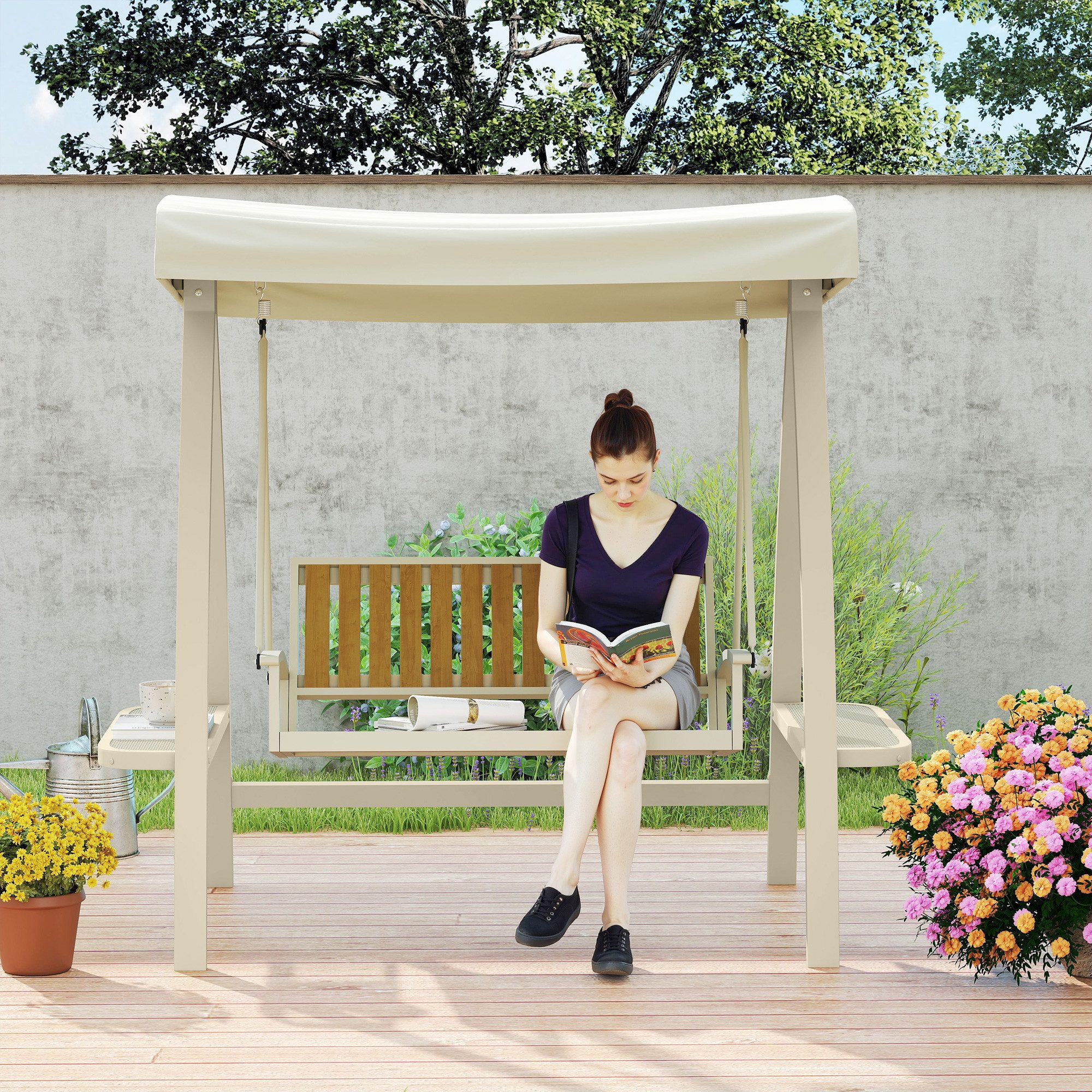 Outsunny Hollywoodschaukel mit verstellbarem Sonnendach, Seitentisch, 2-Sitzer, Schaukelfunktion, 2-Sitzer Gartenschaukel, 1 tlg., Schaukelbank, bis 240kg, für Garten, Terrasse, 200 x 120 x 190cm, Beige