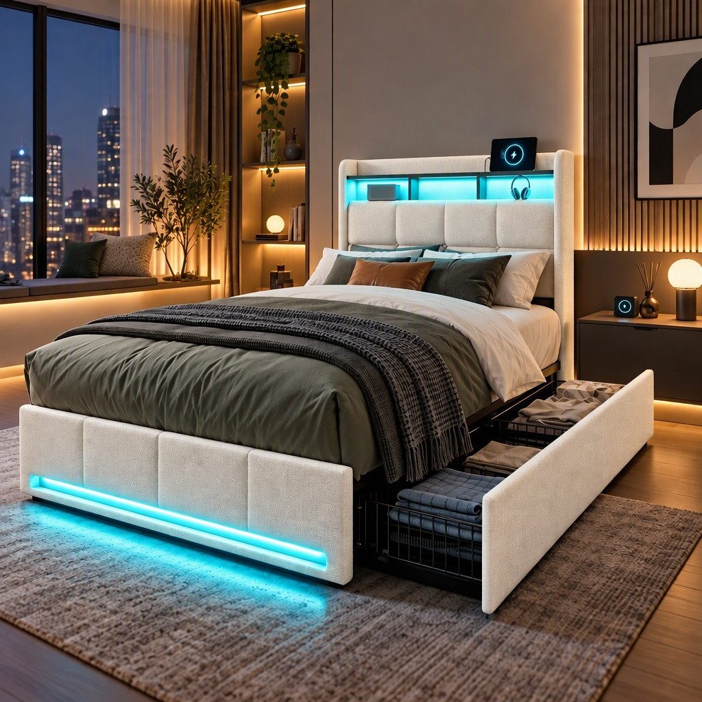 PXloue Polsterbett LED Doppelbett Stauraumbett, mit USB-Laden und Stauraum am Kopfteil,Leinen,90x200 cm