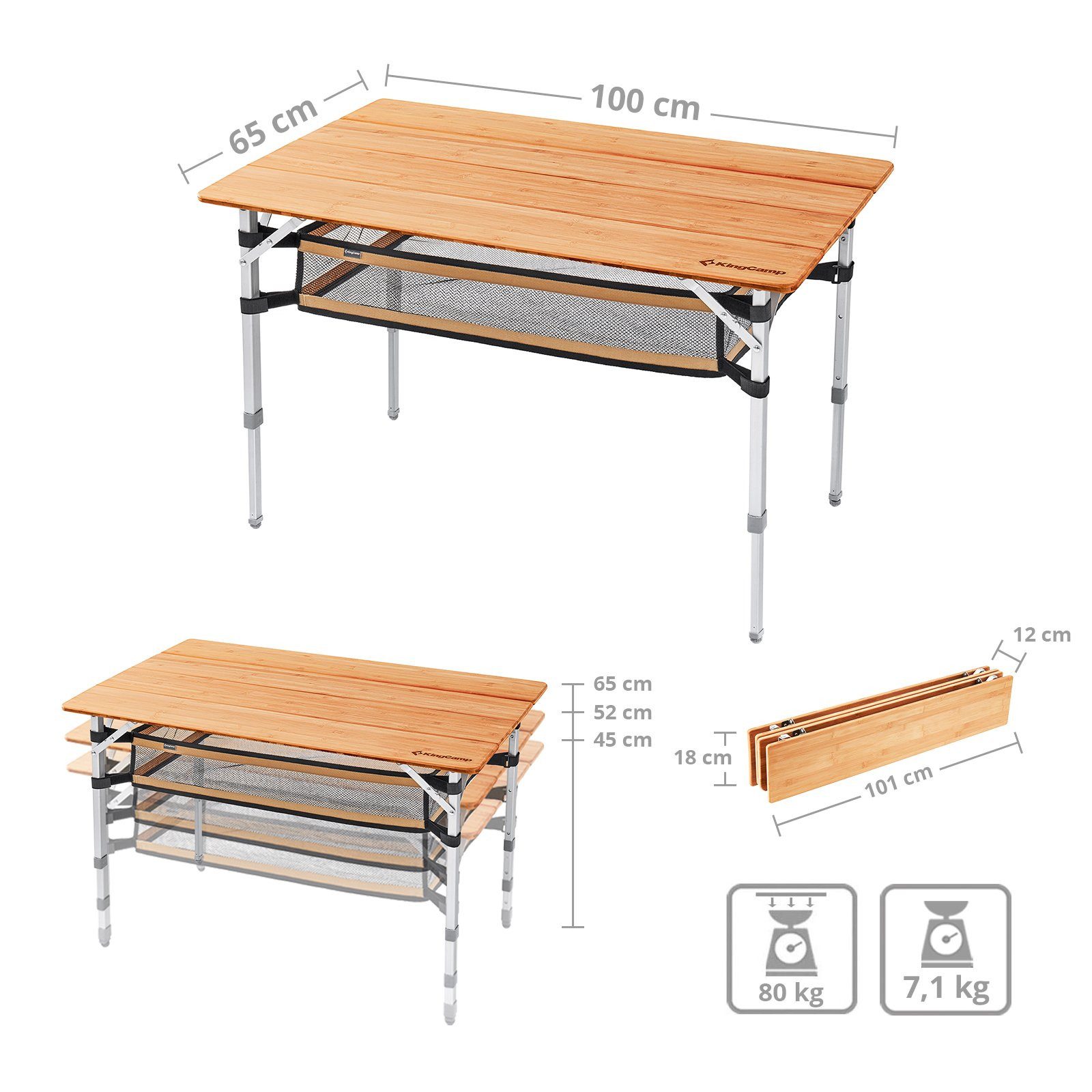 KingCamp Campingtisch Bambus Falt Tisch Camping Klapptisch - Garten Alu