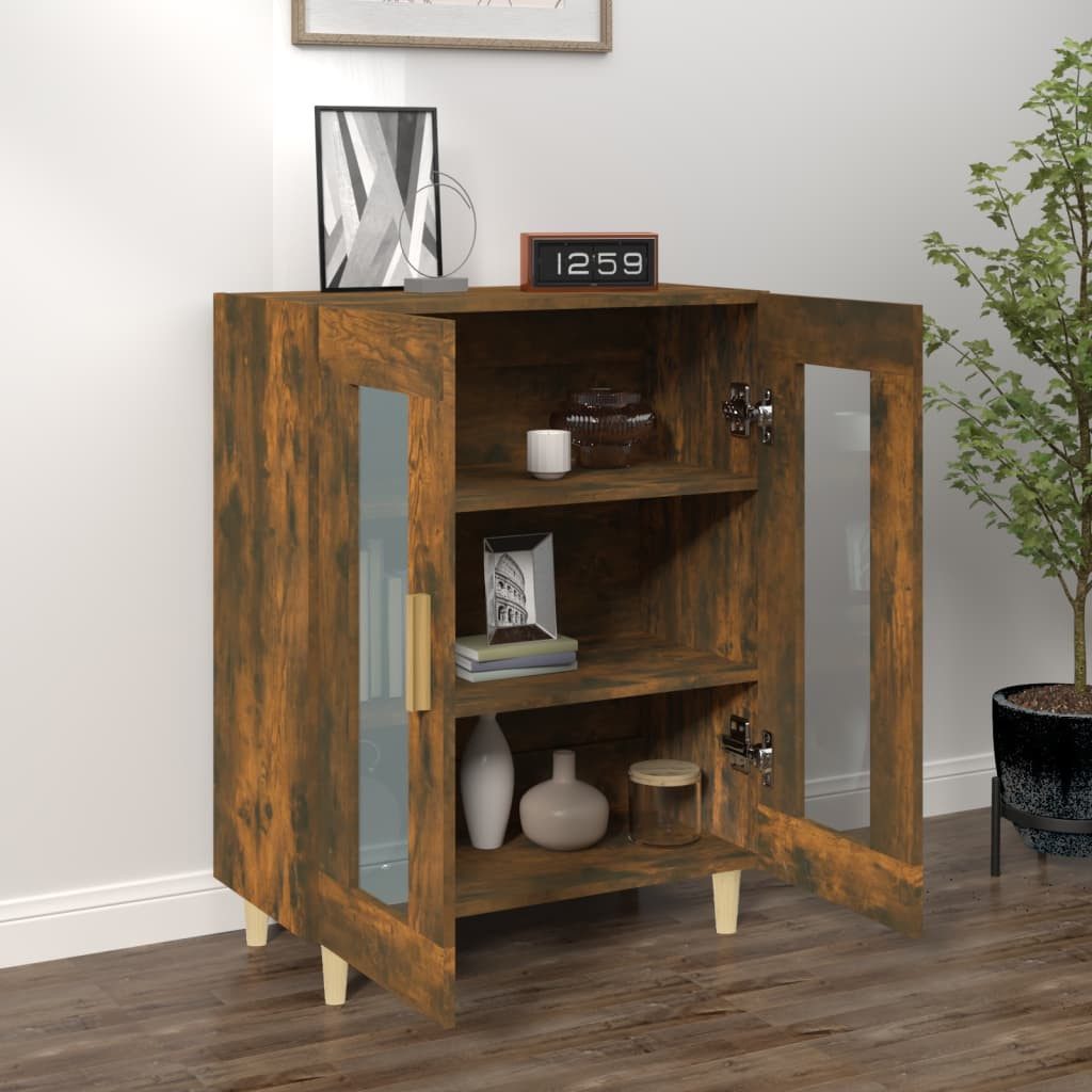 furnicato Sideboard Räuchereiche 69,5 x 34 x 90 cm mit 2 Glastüren (1 St), Stabiler Highboard-Schrank mit Hartglas und inkl. Wandhalterung