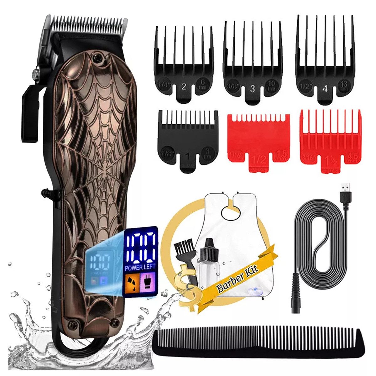 ZEUOPQ Haarschneider Professionelles Haarschneider-Set Kabelloser Haarschneidemaschine, mit weißen Lätzchen, Verstellbarer konischer Hebel und 6 Kammführungen(1,5-13 mm) usw.