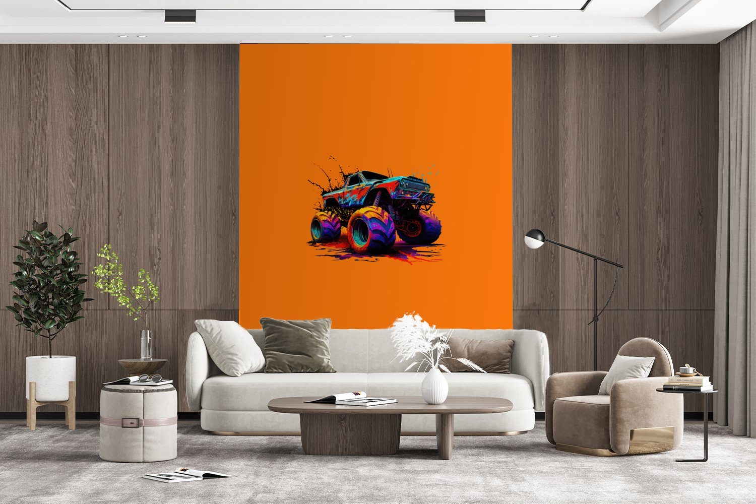 Farbe Orange, Monstertruck - - St), Fototapete Matt, für MuchoWow bedruckt, Montagefertig Wohnzimmer, (4 Wandtapete Neon Vinyl - Tapete
