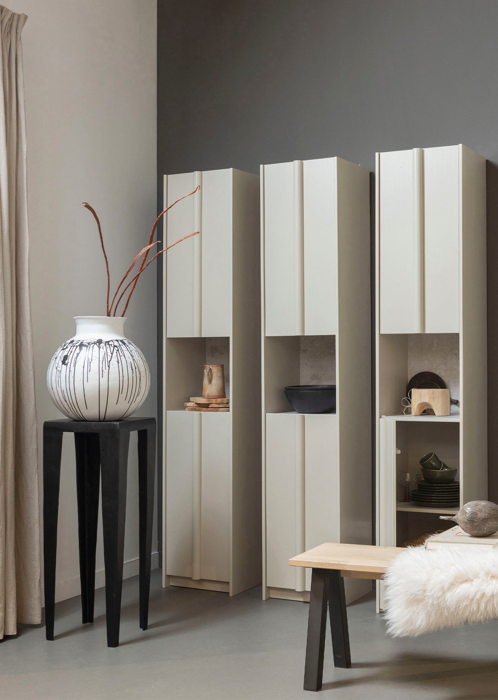 WOOOD Vitrine Basu Smalle Hochschrank 2 Türen, 1 Schublade, H 210 cm x B 40 cm