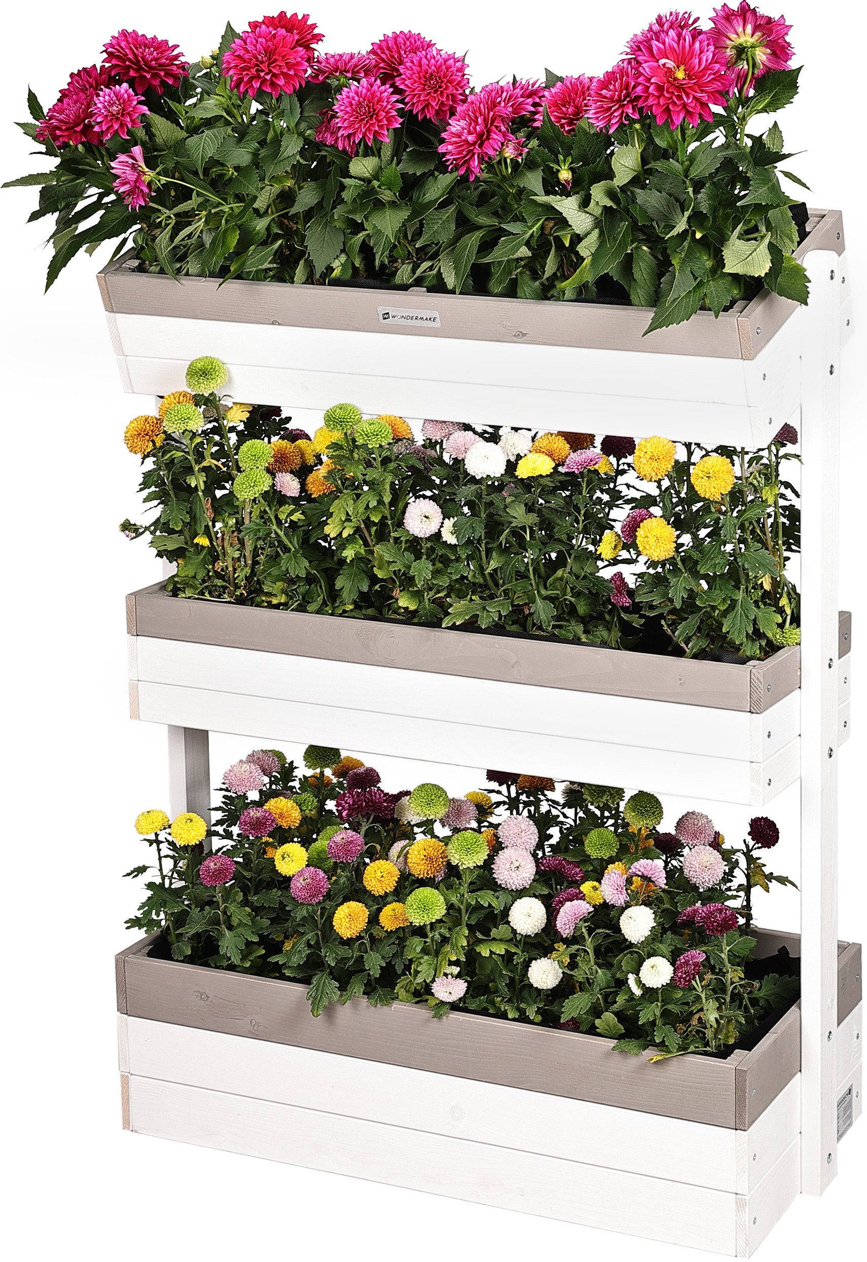 WONDERMAKE Hochbeet vertikal, großes Vertikalbeet mit Etagen aus Holz Outdoor Balkon Wand, stehend, XL Kästen Cube Kräuter Erdbeeren Garten weiß grau anthrazit