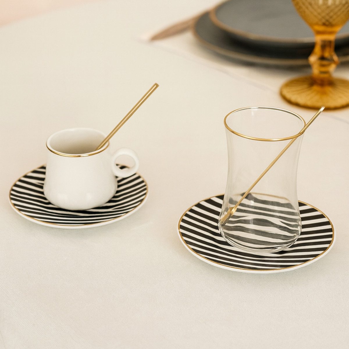Bricard Teeglas - Espresso Set 24 teilig Schwarz Gold inkl. Löffel und Untertasse