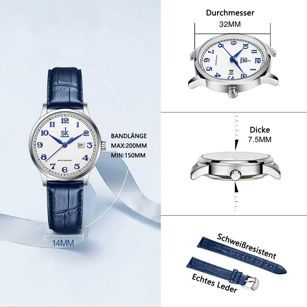 Lederarmband, Analog Blau Uhr Damen Edelstahl Quarz Silber, mit Armbanduhr GelldG Uhr
