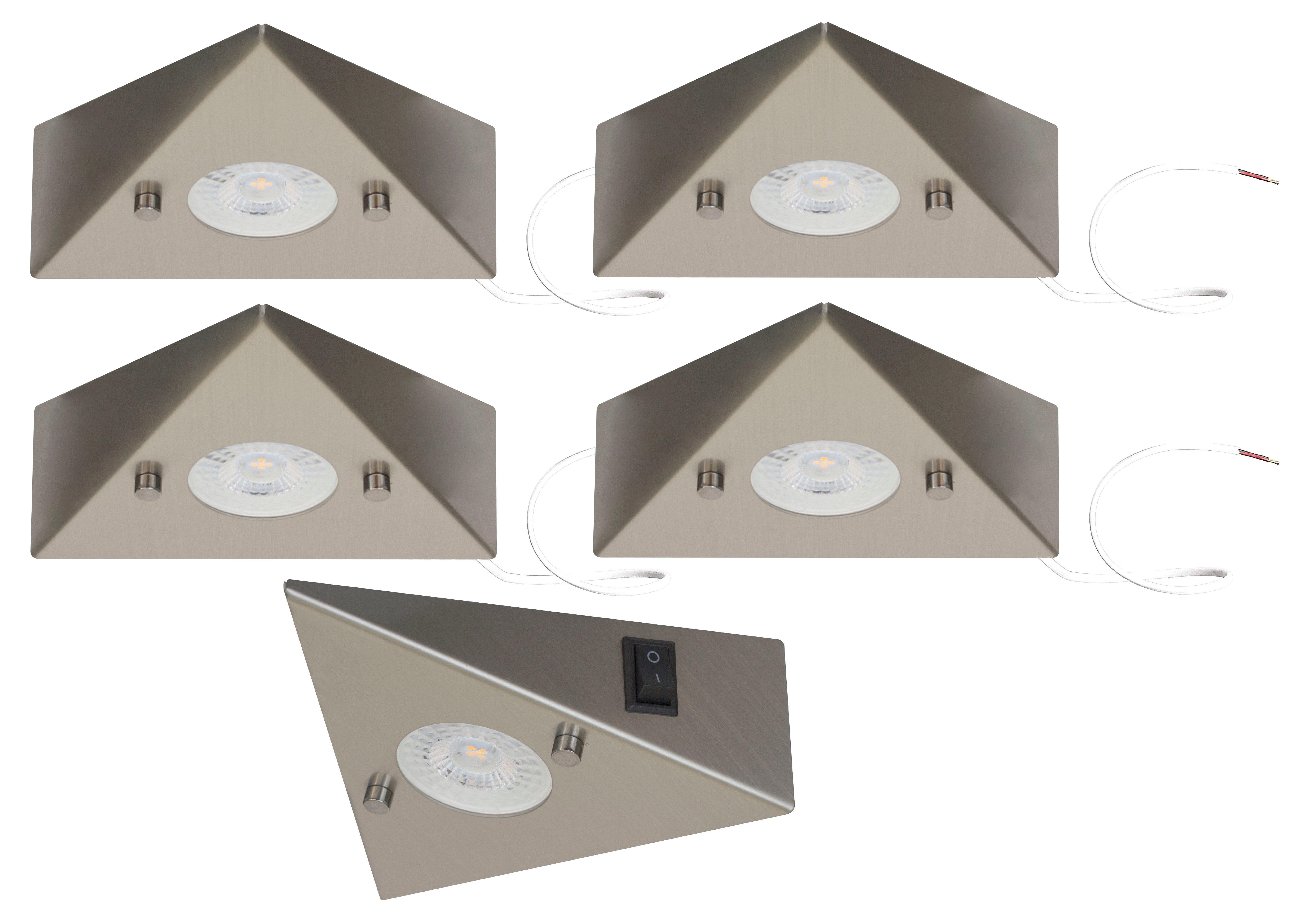 TRANGO LED Unterbauleuchte, 5er Set 6739-52 LED-Küchenunterbauleuchte *COOK* LED Einbauleuchte - Einbaustrahler aus Edelstahl inkl. 5x 4,8 Watt LED Modul 3000K warmweiß - direkt 230 Volt - beliebig erweiterbar, Schalter - Dreieckleuchte – Schrankleuchte