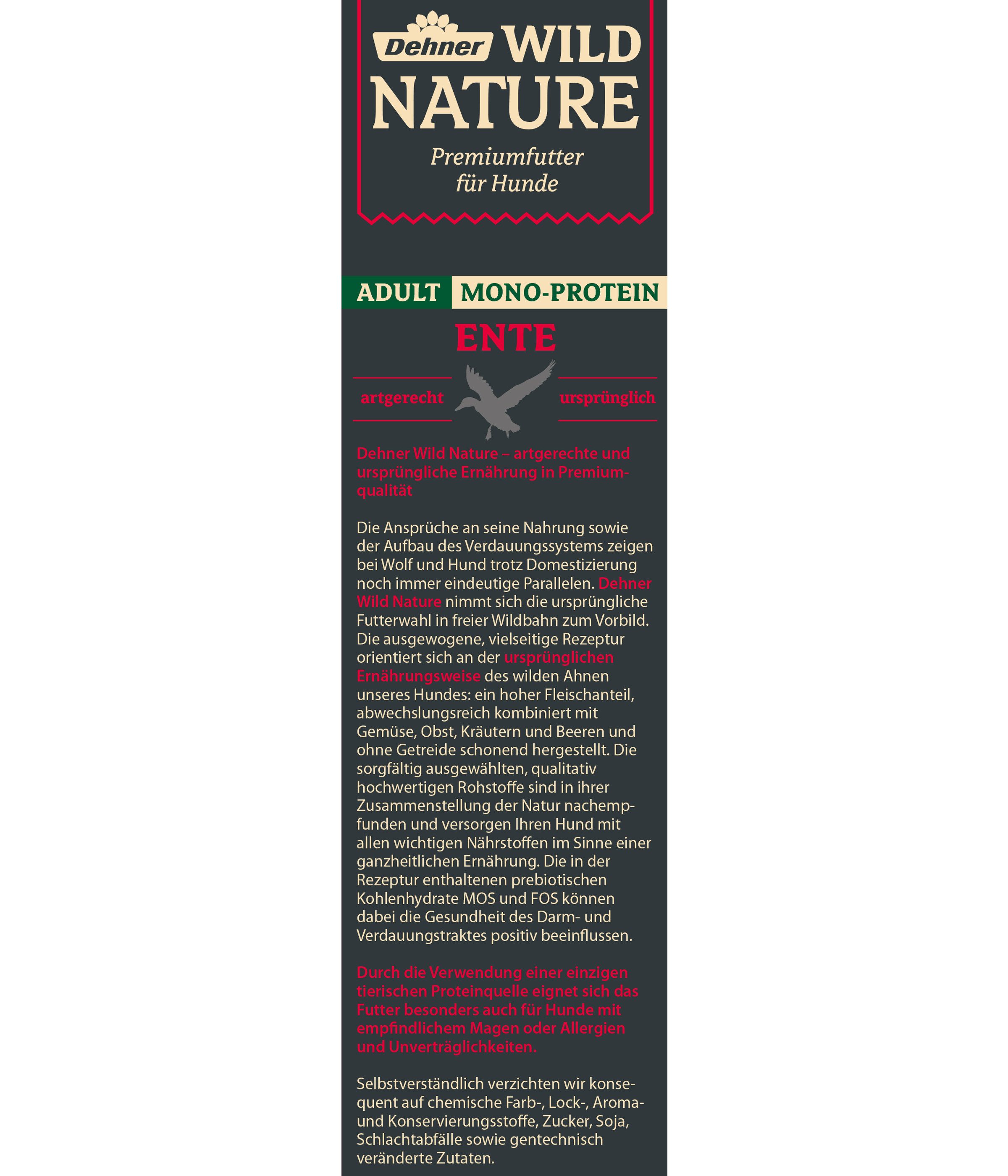 Dehner Wild Nature Mono-Protein Ente, 4 kg / 12 kg, getreidefrei/zuckerfrei Ente, Trockenfutter für: Hunde, Trockenfutter für ausgewachsene Hunde
