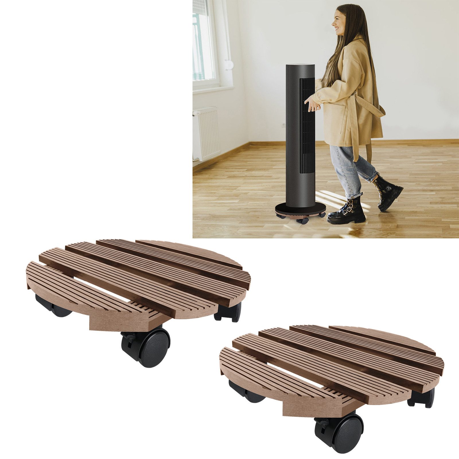 FIVMEN (88BEE8F9F2) Pflanzenroller WPC- Rund Pflanzenwagen Tragkraft 100 kg Blumenwagen 30 x 30 cm