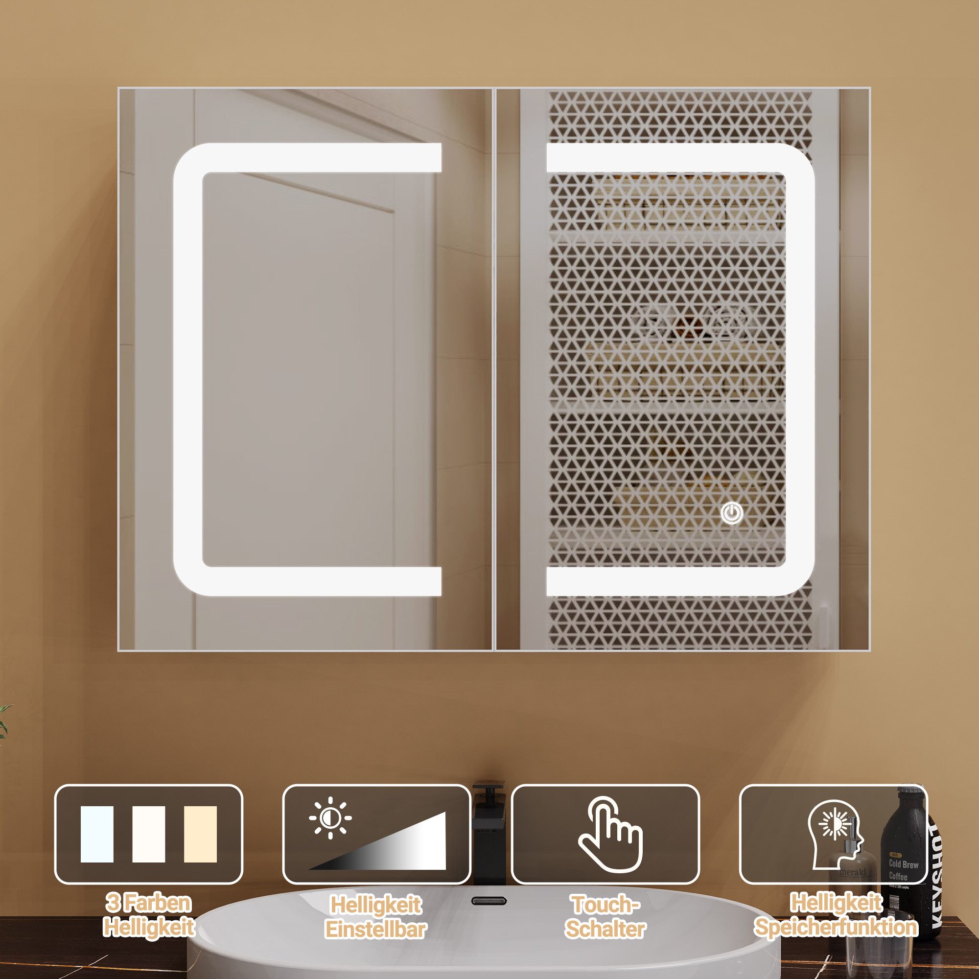 Badezimmer Spiegelschrank Mit LED-Beleuchtung – 80x60x13,5 Cm, Doppeltür, Verstellbare Regale, 3 Lichtfarben (3000K-6500K), Aus Feuchtigkeitsresistentem MDF