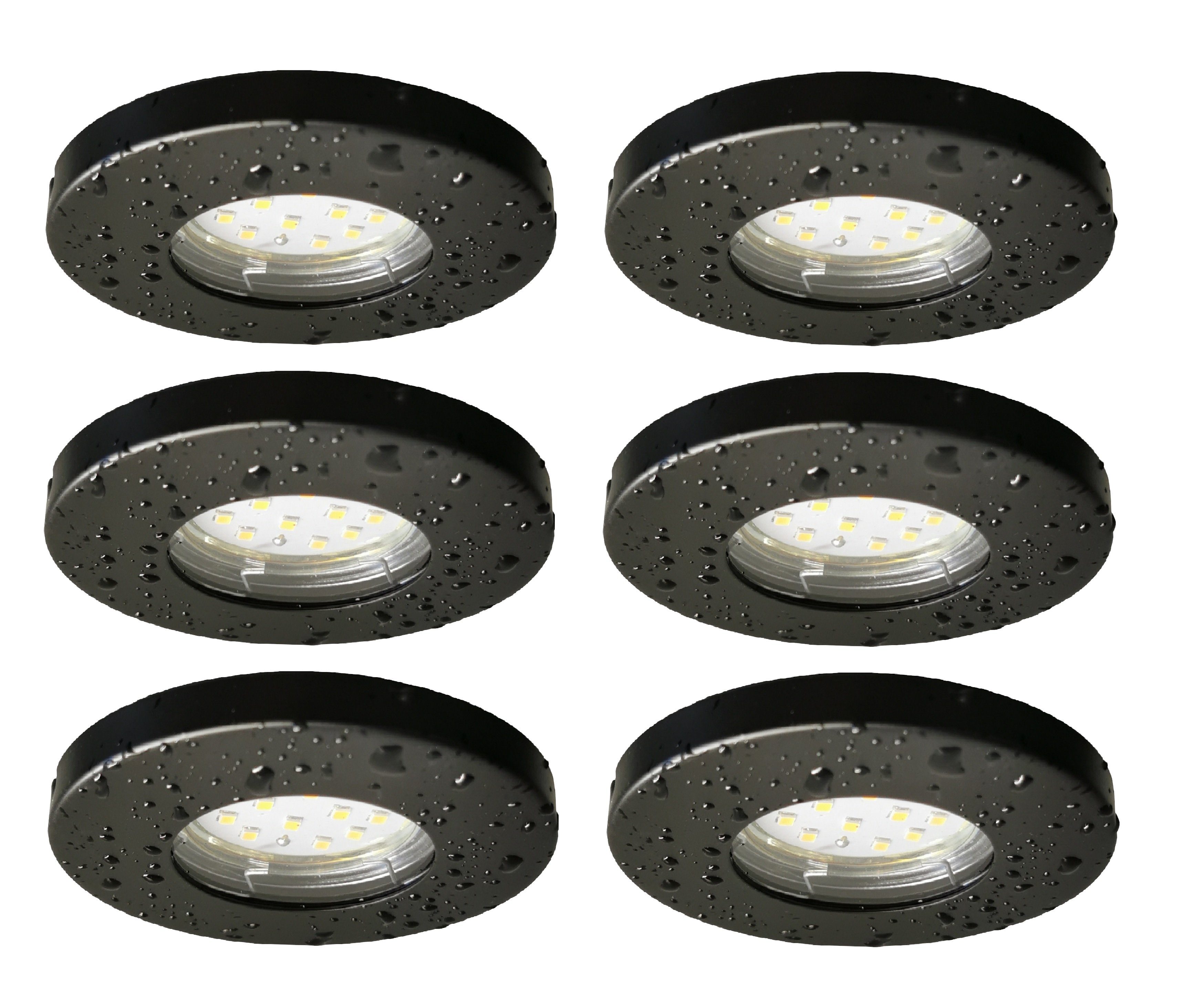Set flach Einbautiefe LED Einbauspot für IP44 6x TRANGO Schwarz Schwarz LED nur Außen, Badeinbaustrahler in Ultra Edelstahl Einbaustrahler, Stufen aus Rund 6er matt Bad, LED 6729IP-065MOSD Dimmfunktion, Modul Deckenstrahler, dimmbar incl. 3 3cm