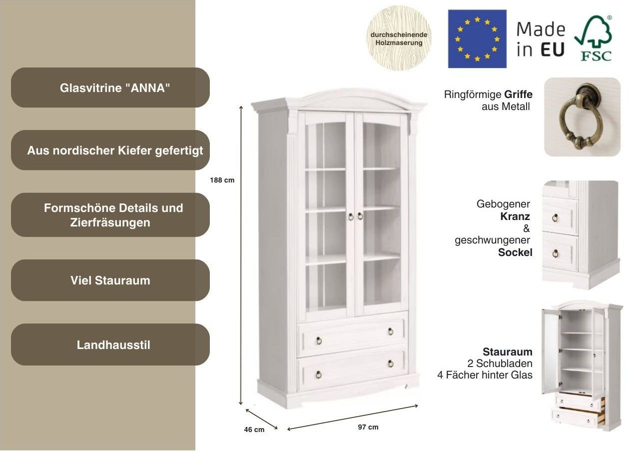 OTTO home Glasvitrine Anna (Gesamtmaße (B/T/H): ca. 97/46/188 cm) mit Glastüren, 2 Schubladen, Höhe 188 cm, aus massiver Kiefer, FSC®