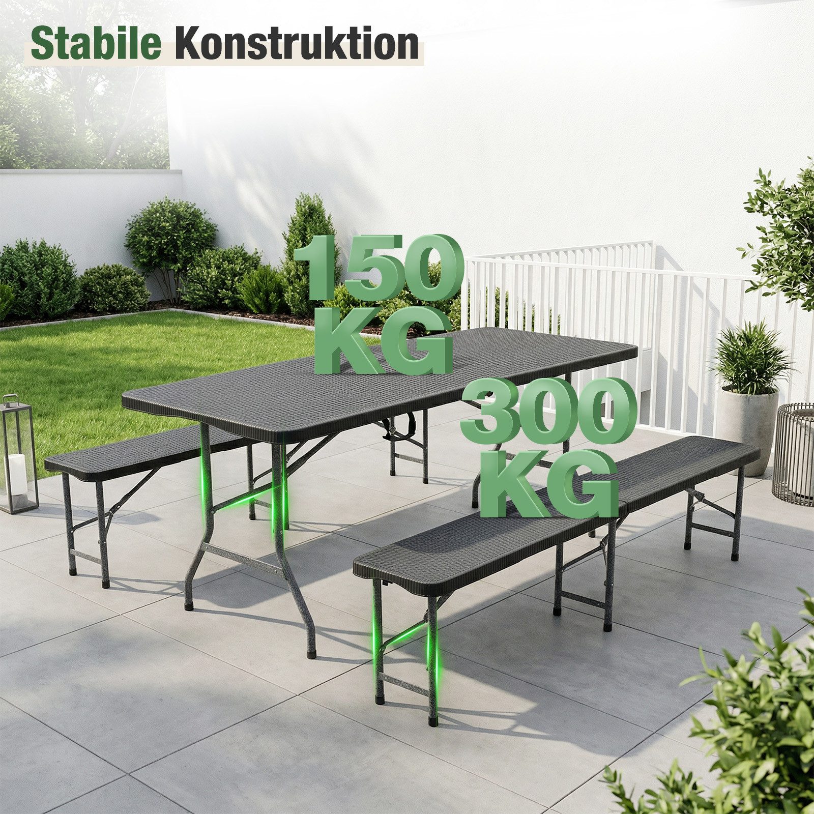 Sekey Bierzeltgarnitur Klappbar Bierzeltgarnitur 180cm Festzeltgarnitur Biertisch Set, 3-teilig, Tisch + 2 x Bierbank, Gartenmöbel Set