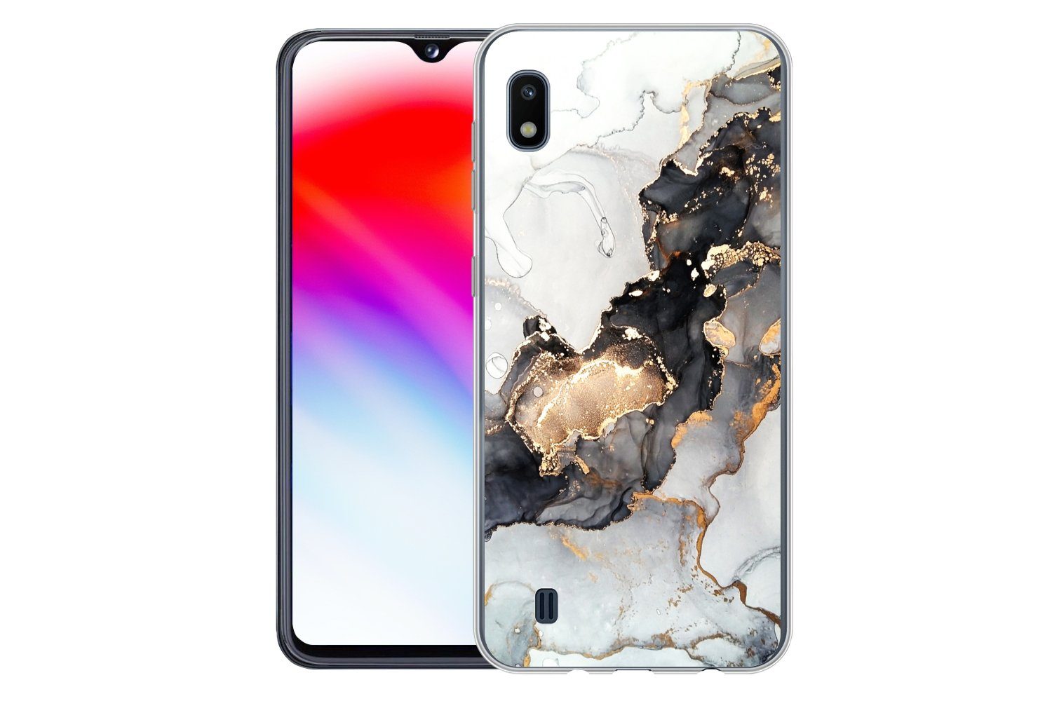 MuchoWow Handyhülle für Samsung Galaxy A10 Marmor - Schwarz - Weiß - Gold - Luxus - Abstra, Smartphone-Bumper, Print, Handy Schutzhülle Dünn