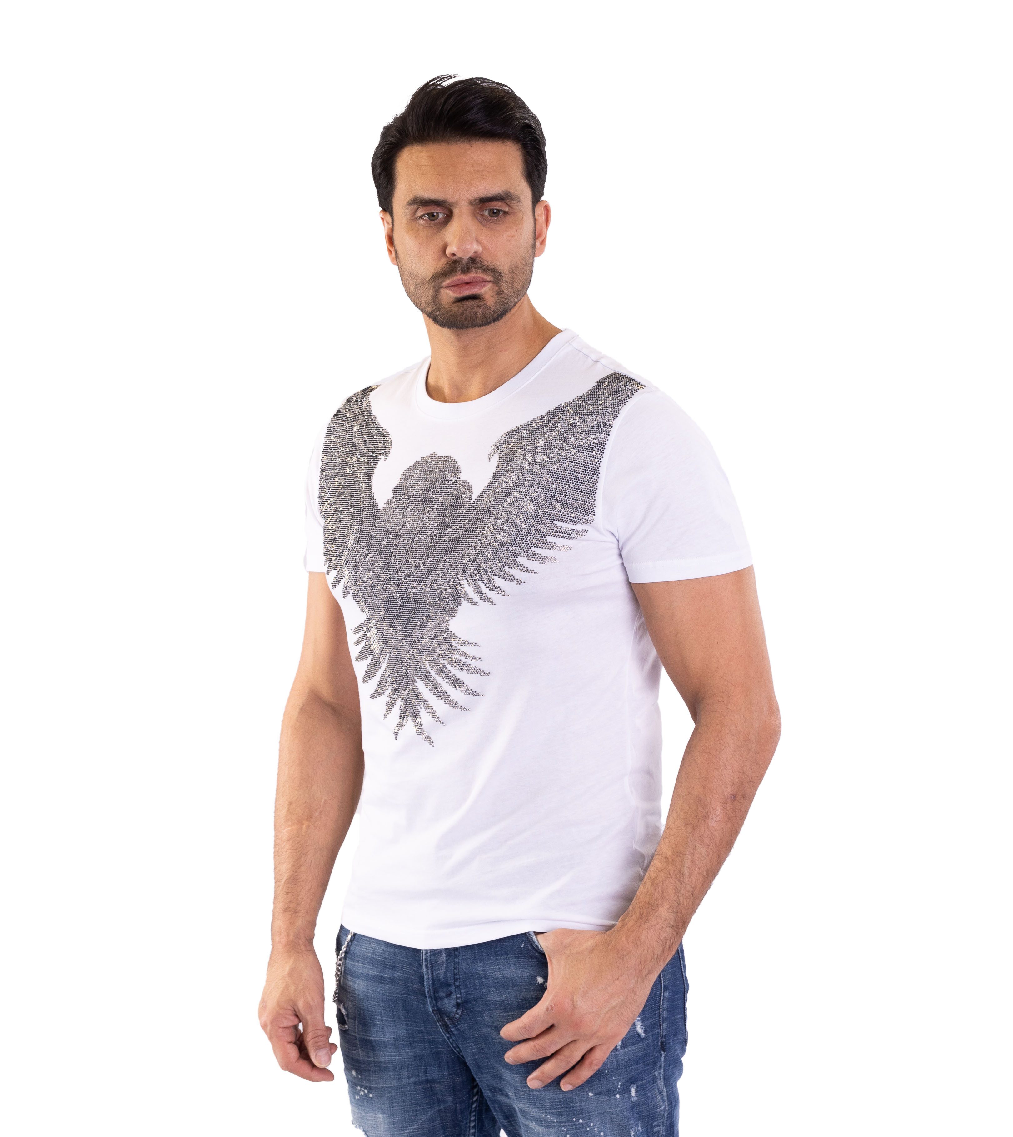 TRUENO T-Shirt Herren SLIM FIT Strass T-Shirt mit Adler Motiv Weiß XL günstig online kaufen