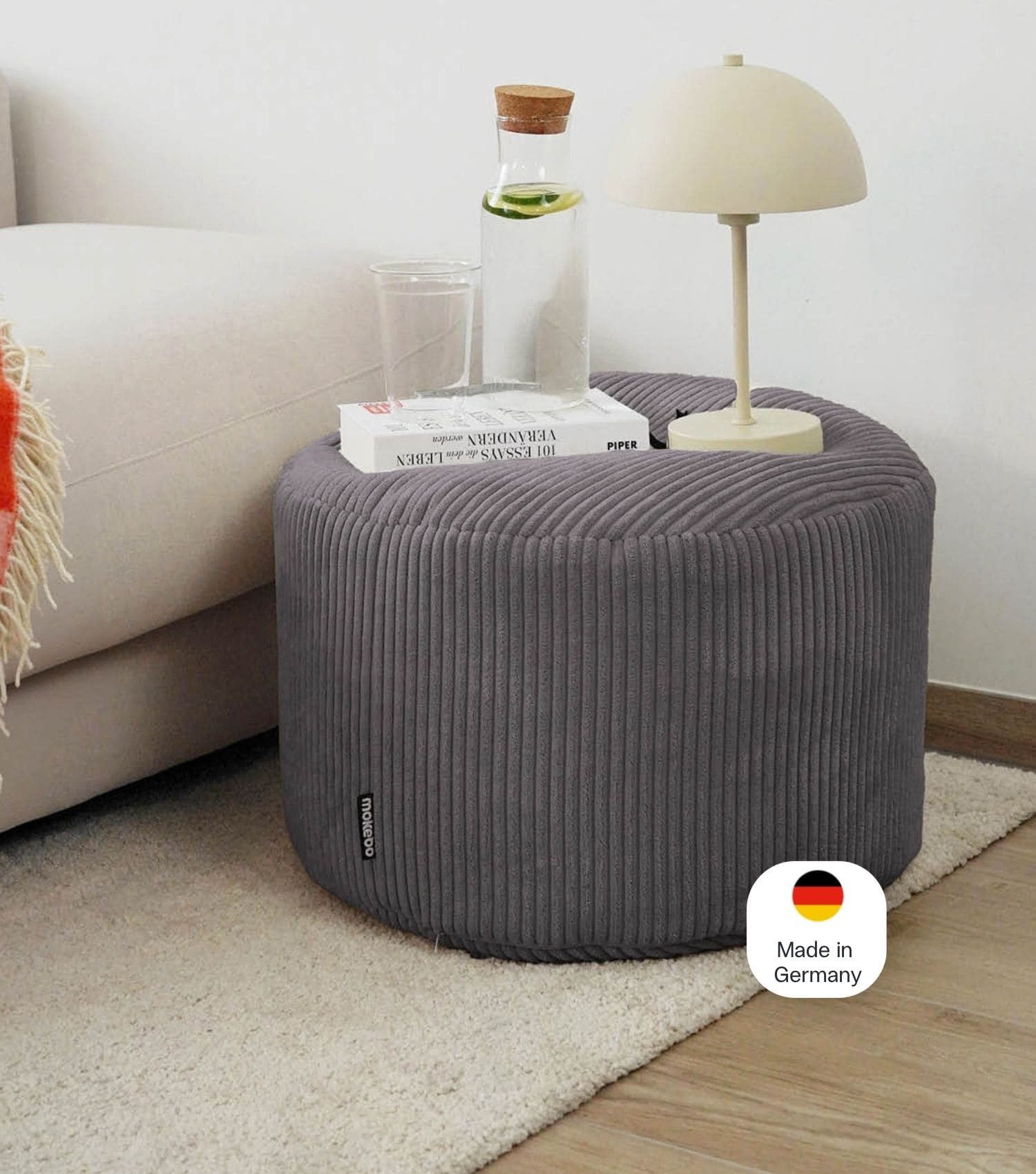 mokebo Pouf Mochi (rund und aus Cordstoff), Made in Germany, Sitzhocker, Bodenkissen, Fußhocker in Anthrazit