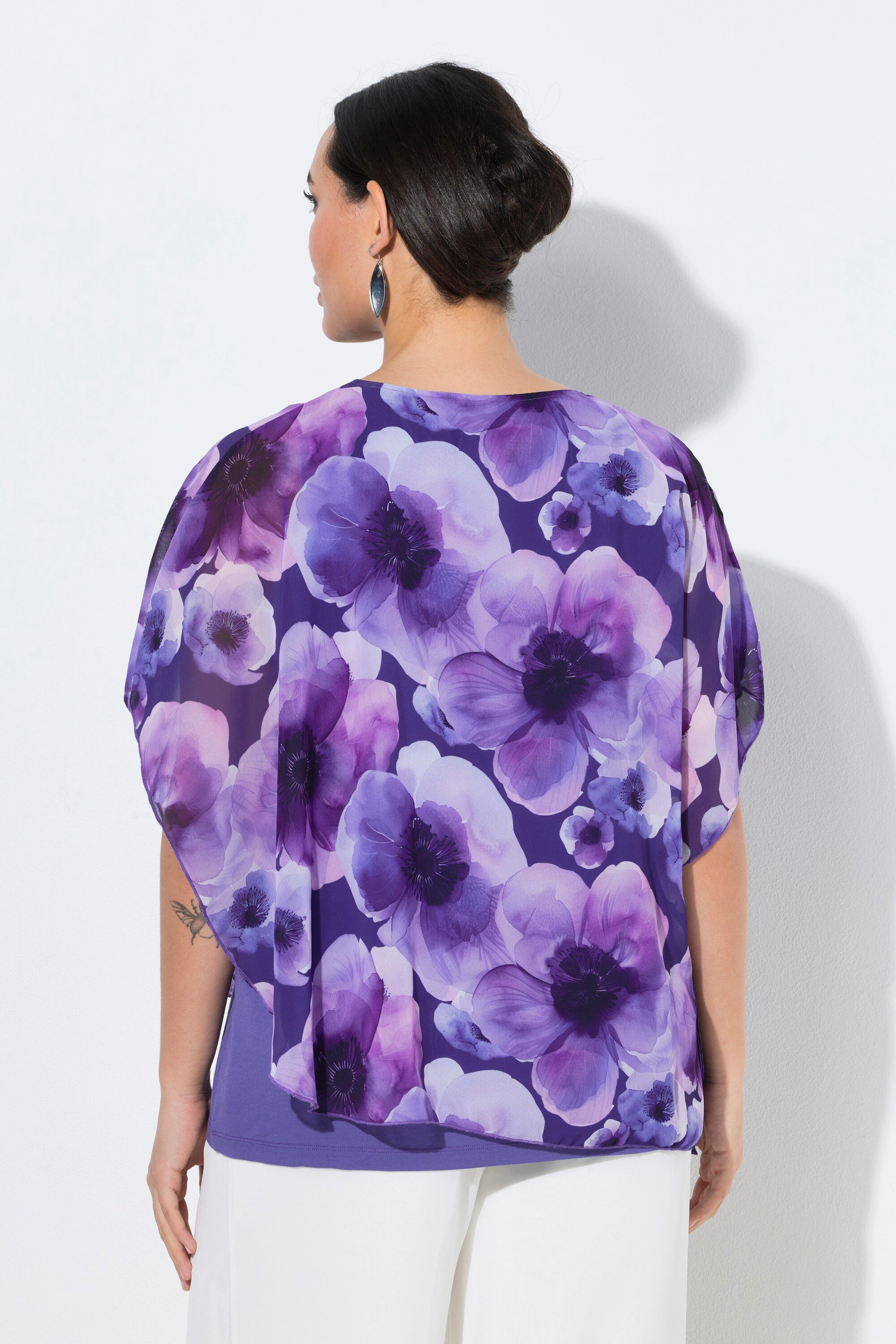 Ulla Popken Longbluse Chiffonbluse Blüten doppellagig Rundhals Halbarm