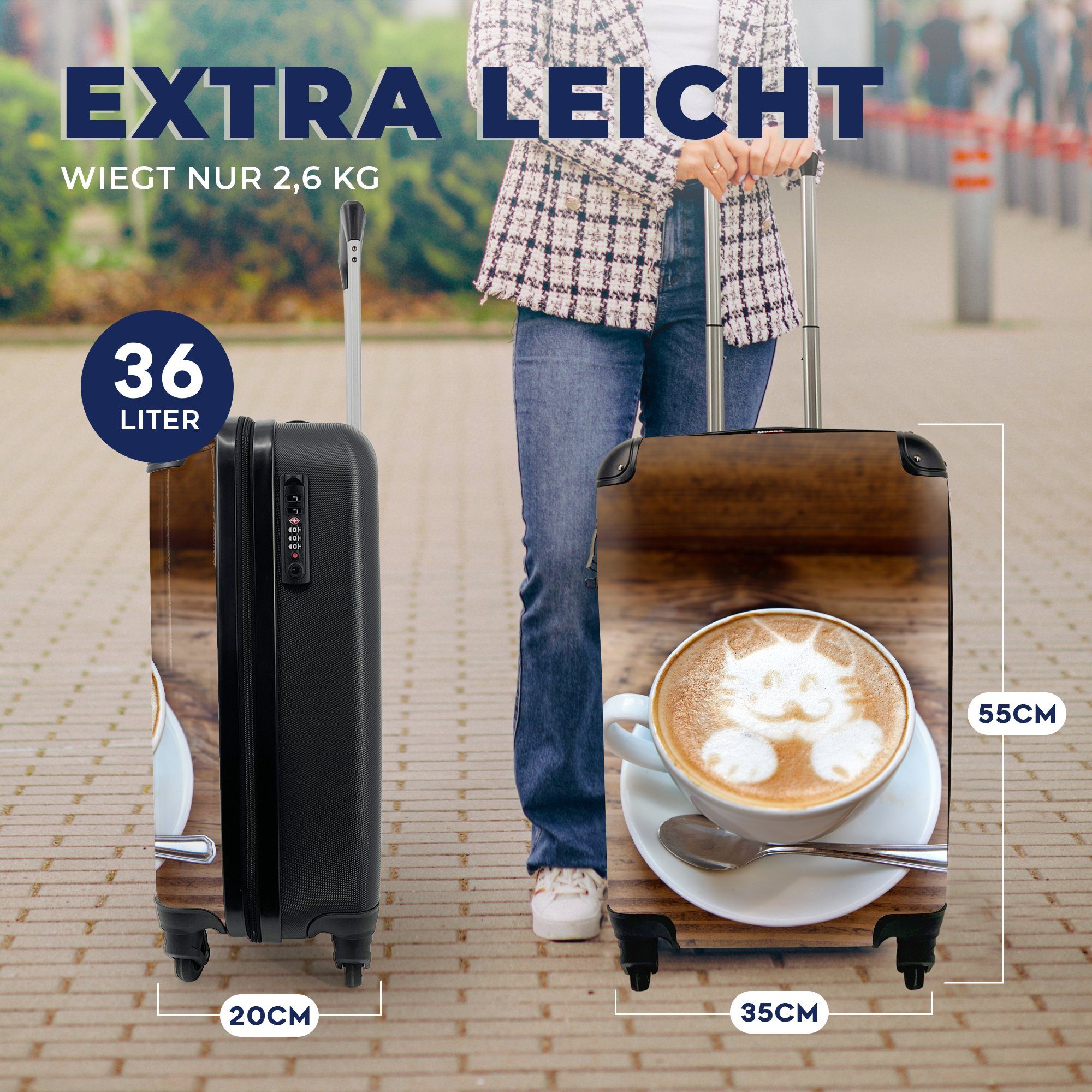 ist mit Katze Reisekoffer Latte für Handgepäckkoffer eines Schaum als 4 im Ferien, Art Rollen, abgebildet, Eine Cappuccinos Trolley, Handgepäck Reisetasche MuchoWow rollen,