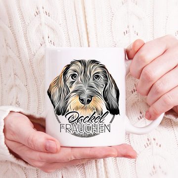 Cadouri Tasse DACKEL FRAUCHEN - Kaffeetasse für Hundefreunde, Keramik, mit Hunderasse, beidseitig bedruckt, handgefertigt, Geschenk, 330 ml
