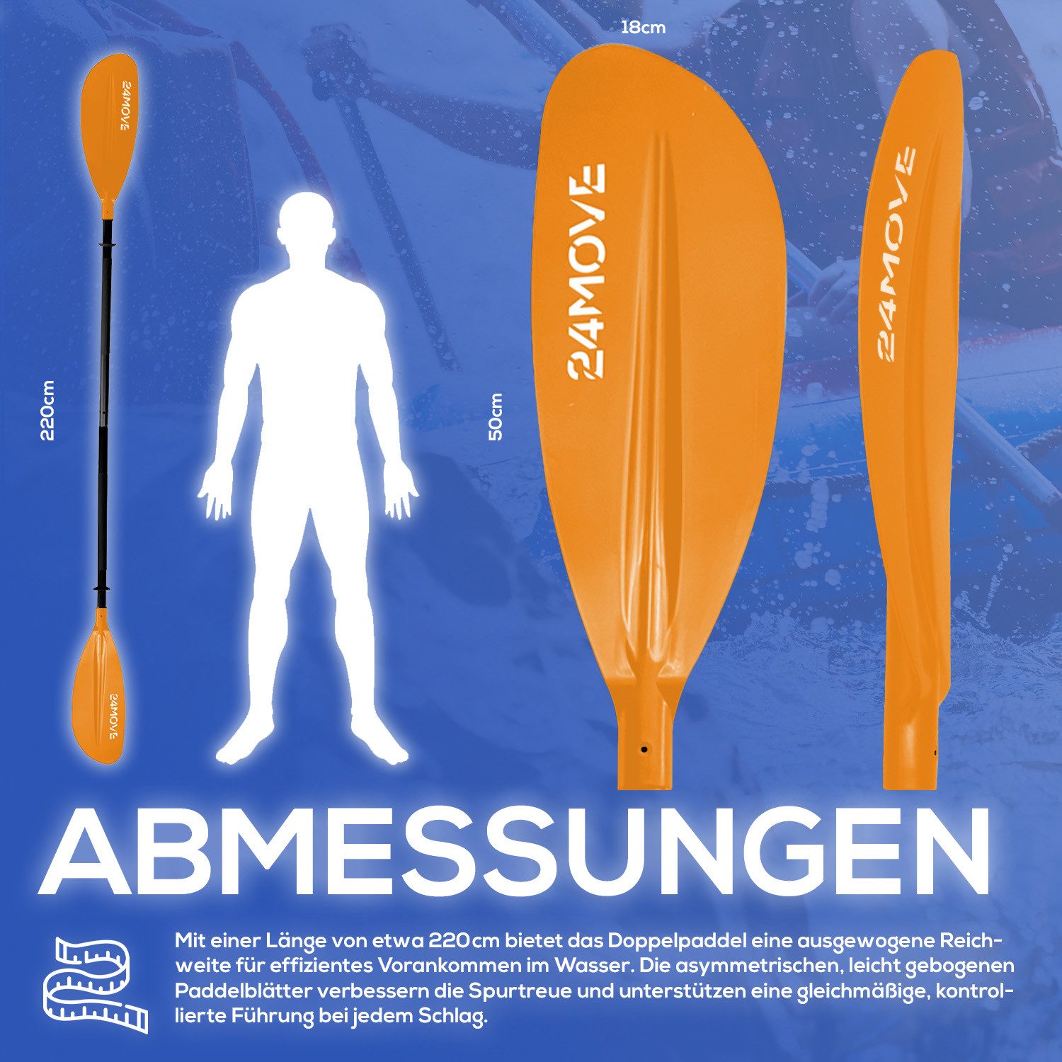 24Move Doppelpaddel, Stand Up Paddle Aluminium SUP-Paddel, (Winkelverstellung, universell einstellbar, verstellbar, 2-teilig, SUP-Paddel), für Paddelboards, Kajakboot und Ruderboot