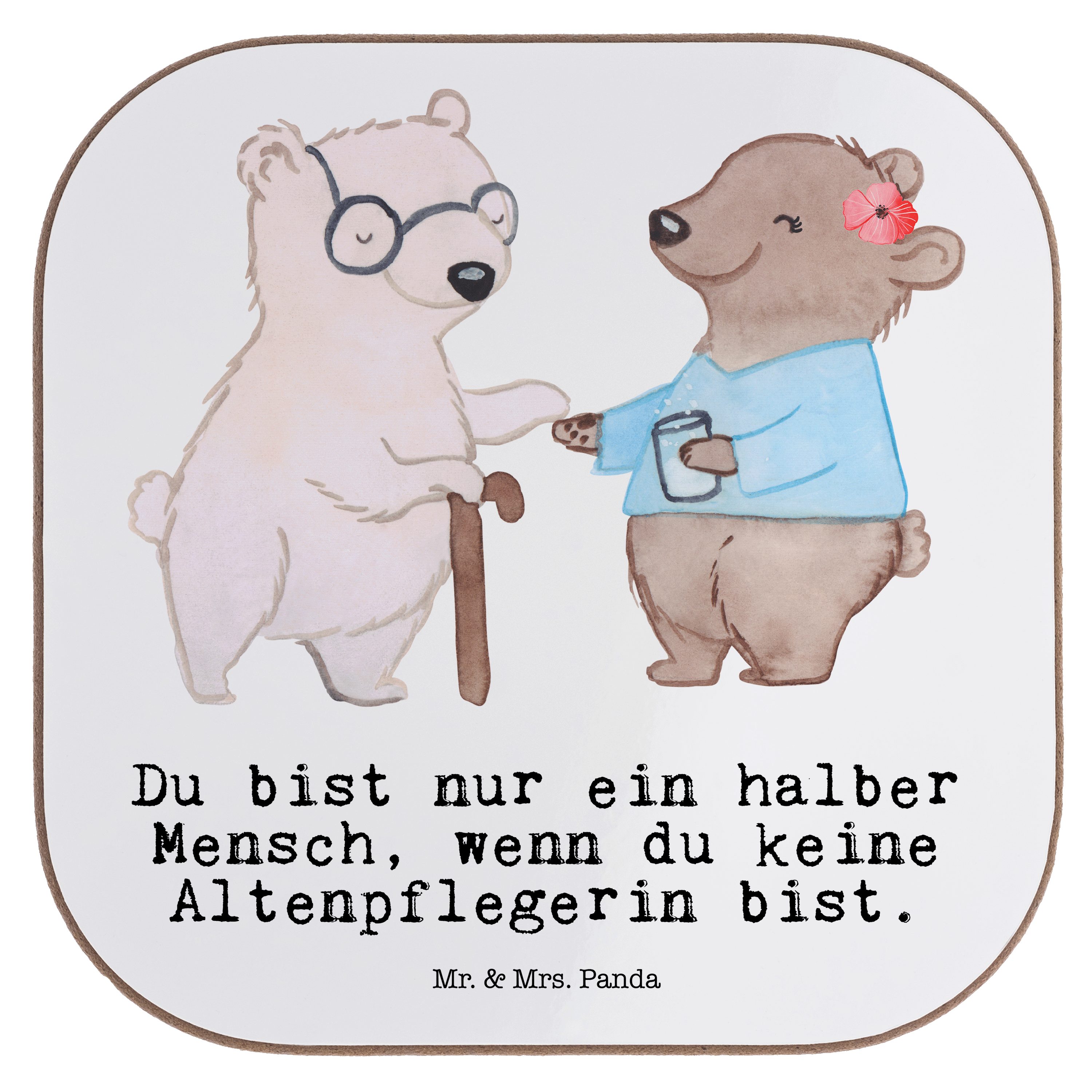 Mr. & Mrs. Panda Getränkeuntersetzer Altenpflegerin mit Herz - Weiß - Geschenk, Bierdeckel, Hilfe, Schenke, 1-tlg.