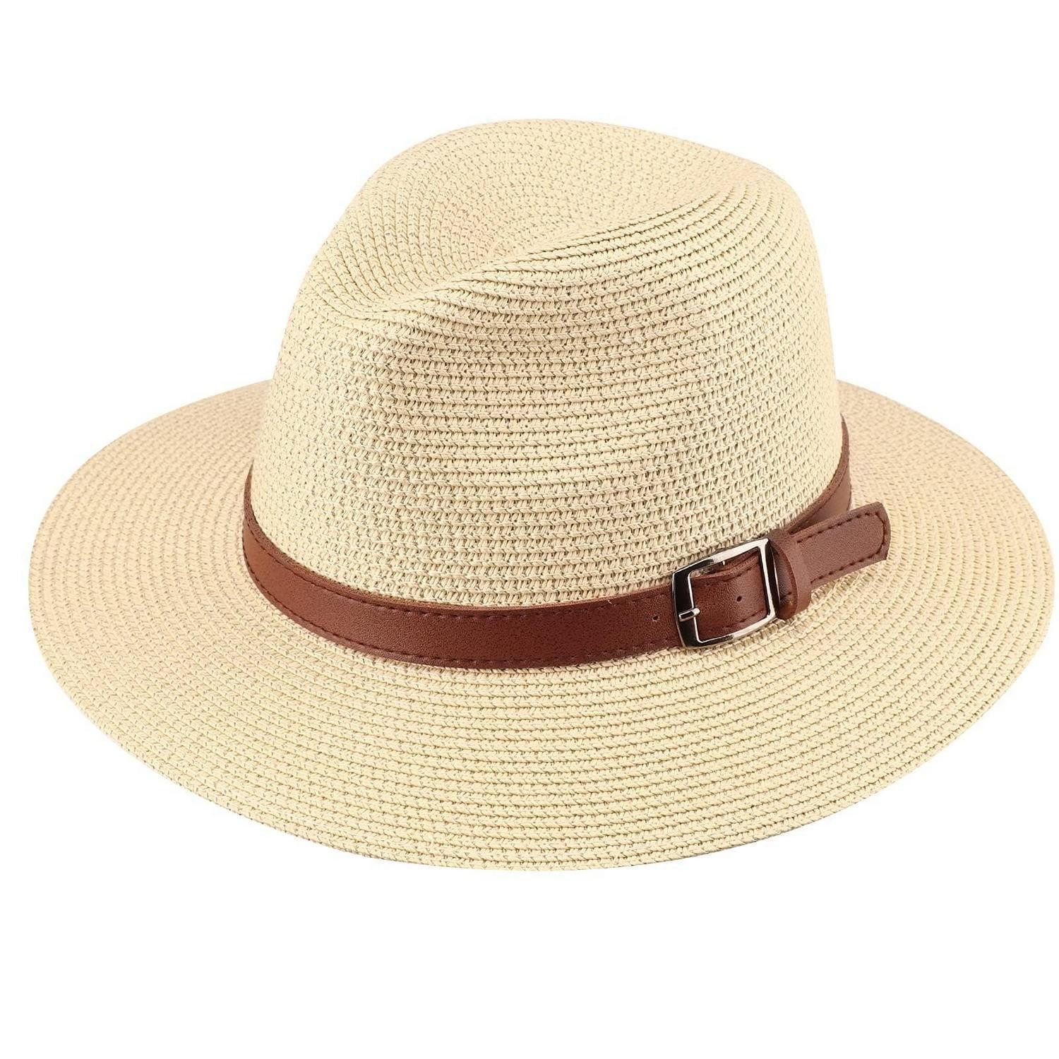 LuxusKollektion Sonnenhut Panamahut Damen Fedora Strand Stroh M 1 Pc Buckle Belt Beige-v2