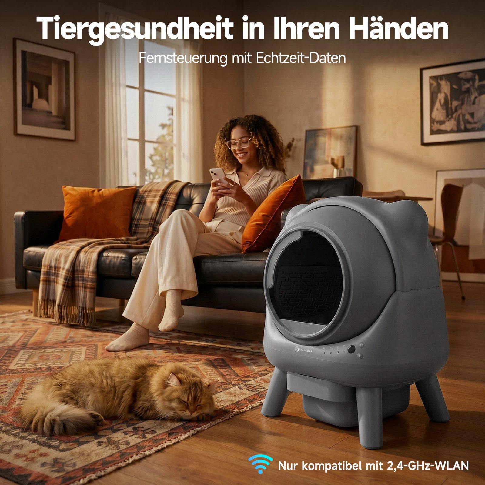 AmiCura Katzenecktoilette 2026 katzenklo selbstreinigend 95L/12 selbstreinigende katzentoilette, XXL Katzenklo 95L+12L, 50 dB leise, sicher für mehrere Katzen