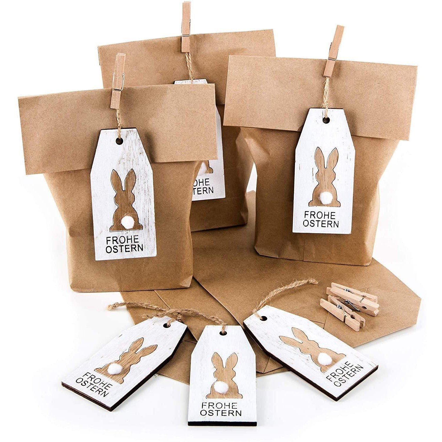 Logbuch-Verlag Dekofigur 6 x Osternest Tüte aus Papier aus Papierbeuteln mit Osteranhänger Hase