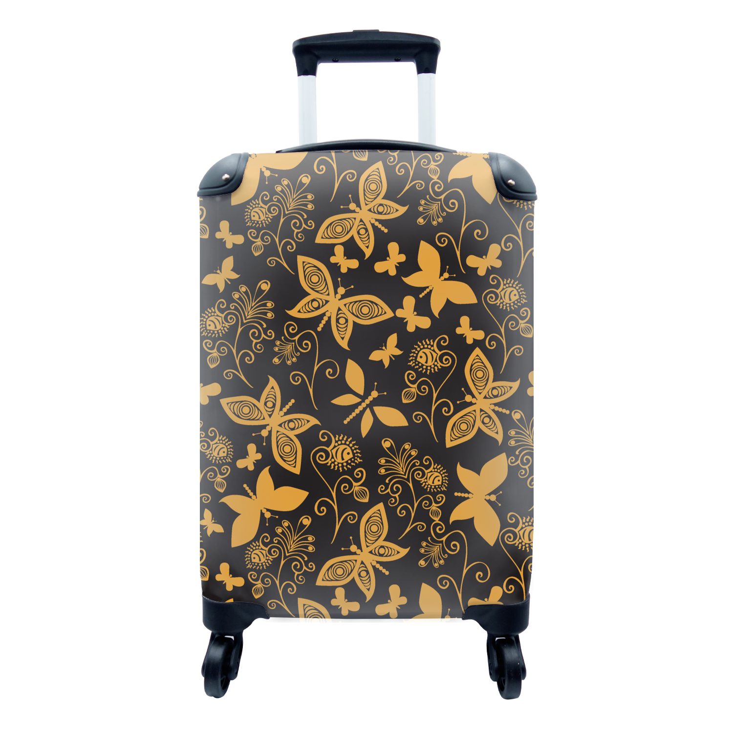 MuchoWow Handgepäckkoffer Blumen - Schmetterling - Gold - Muster, 4 Rollen, Reisetasche mit rollen, Handgepäck für Ferien, Trolley, Reisekoffer