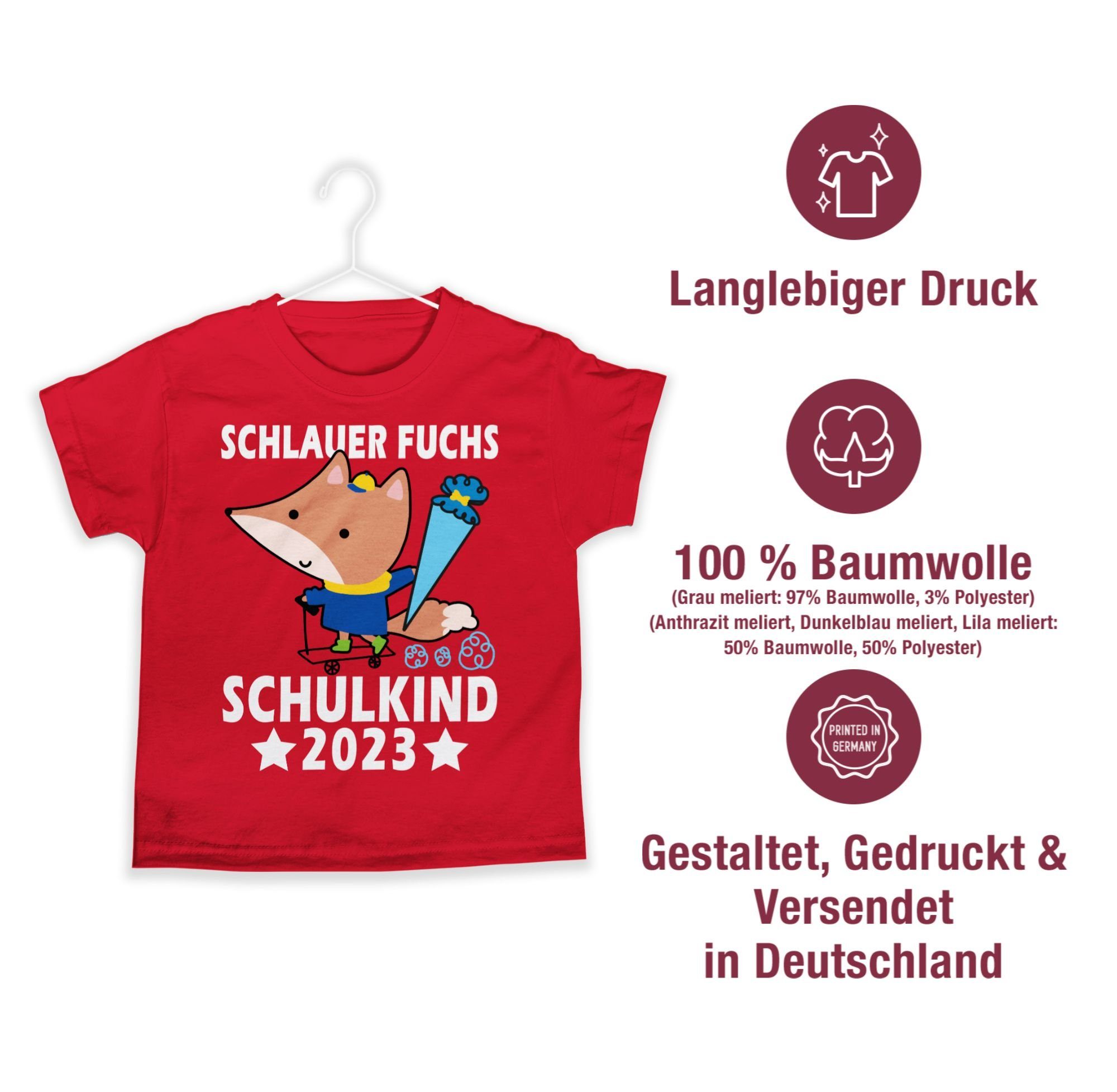 03 Fuchs Geschenke Shirtracer Rot 2023 Junge T-Shirt Schlauer Schulanfang Schulkind Einschulung