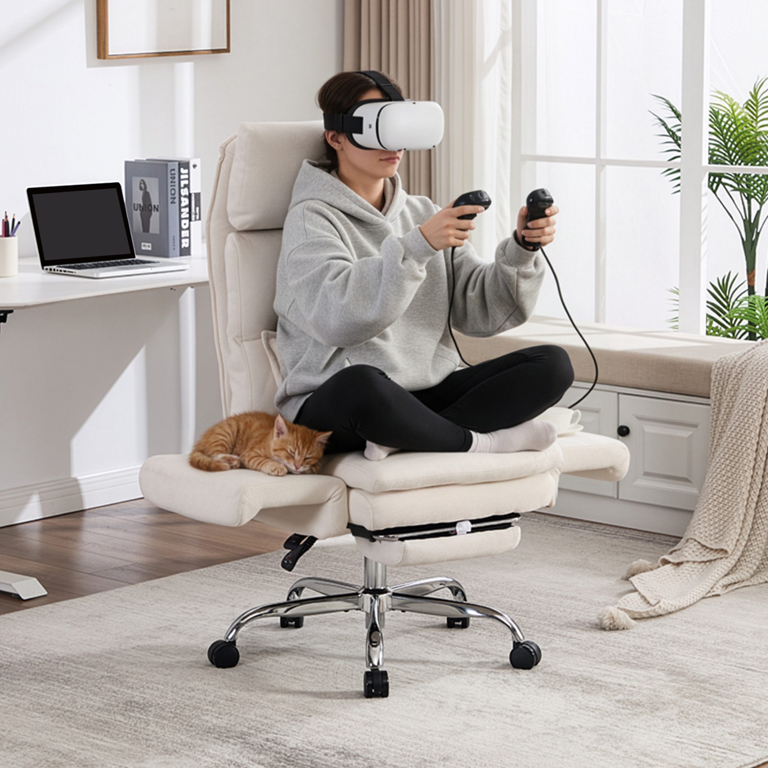 UEV Bürostuhl Ergonomisch mit Fußstütze Verstellbarer Kopfstütze (mit klappbare Armlehnen, verstellbarer Kopfstütze bis 226kg), Verstellbare Kopfstütze bis 90°, Verstellbare Rückenlehne bis 150°