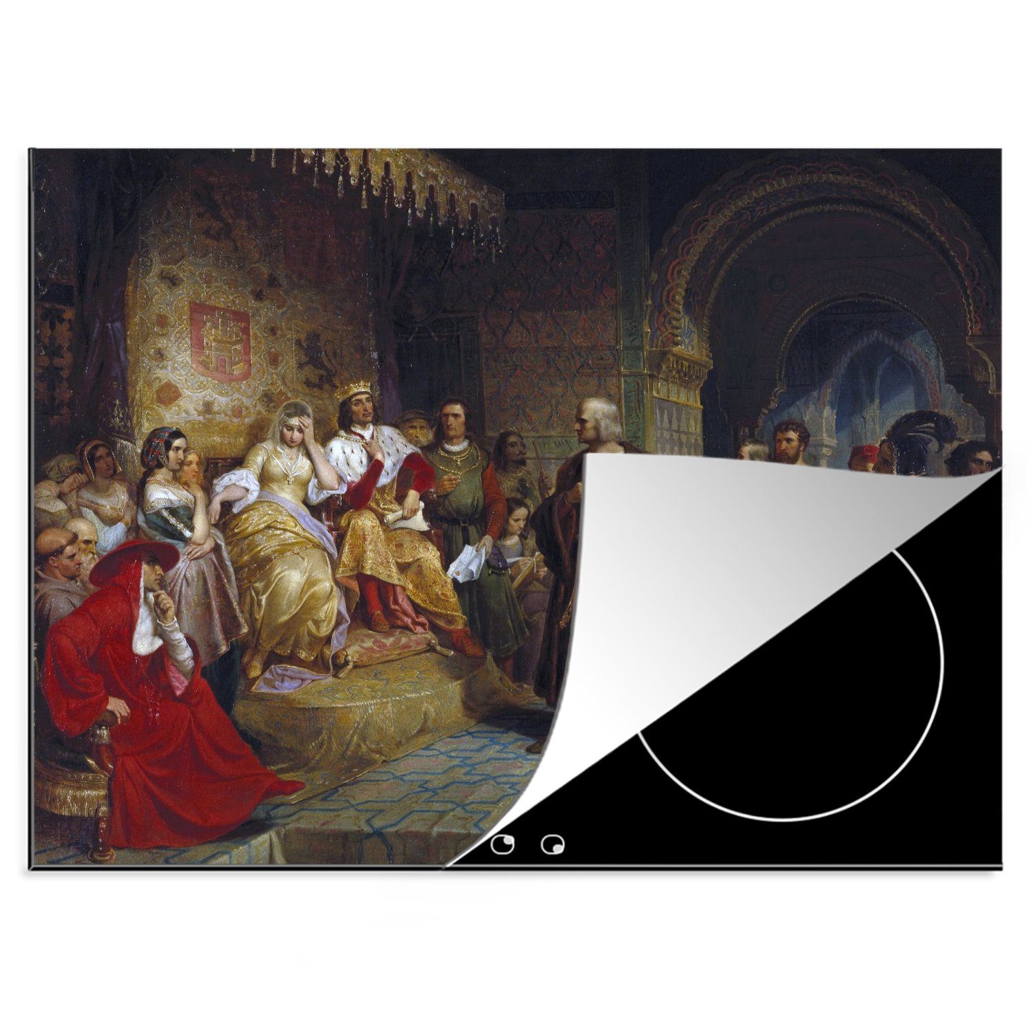 MuchoWow Herdblende-/Abdeckplatte Kolumbus vor der Königin - Gemälde von Emanuel Gottlieb Leutze, Vinyl, (1 tlg), 70x52 cm, Mobile Arbeitsfläche nutzbar, Ceranfeldabdeckung