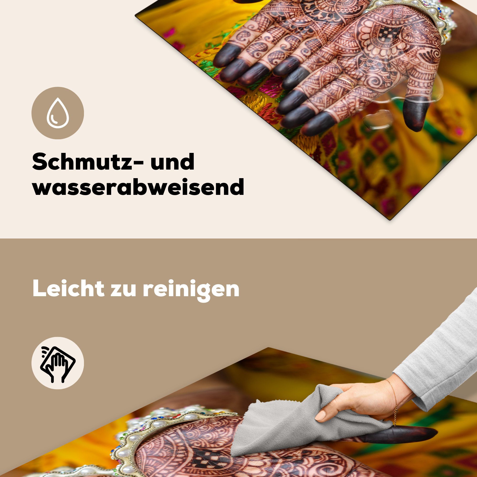 Ceranfeldabdeckung Mit Vinyl, tlg), Hände einer MuchoWow Henna für die Herdblende-/Abdeckplatte Schutz (1 küche, indischen 81x52 Induktionskochfeld Braut, tätowierte cm,
