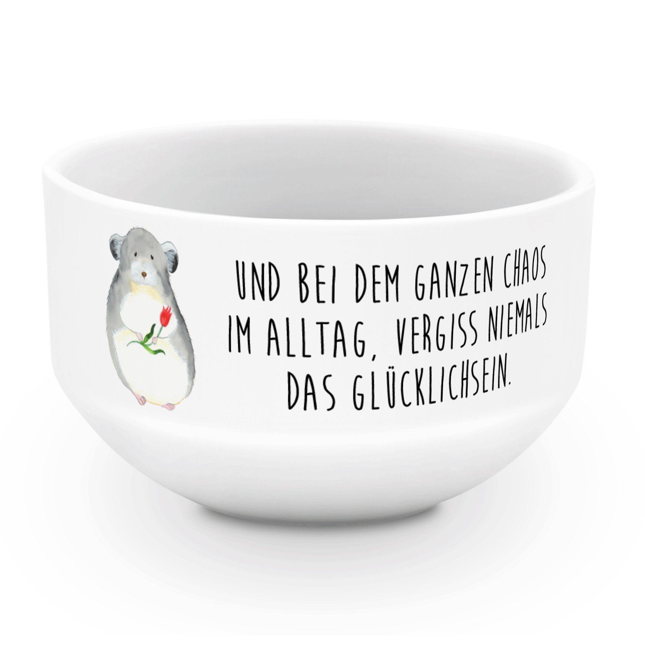 Mr. & Mrs. Panda Müslischale Chinchilla Blume - Weiß - Geschenk, lustige Sprüche, Müslischale, Tie, Keramik, (1-tlg), Einzigartiges Design