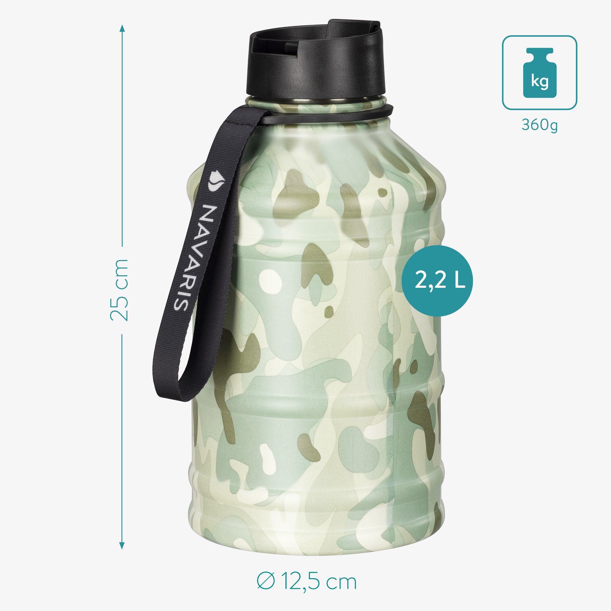 XXL aus Grün matt Edelstahl, Navaris Camouflage-Design Trinkflasche Trinkflasche 2,2l