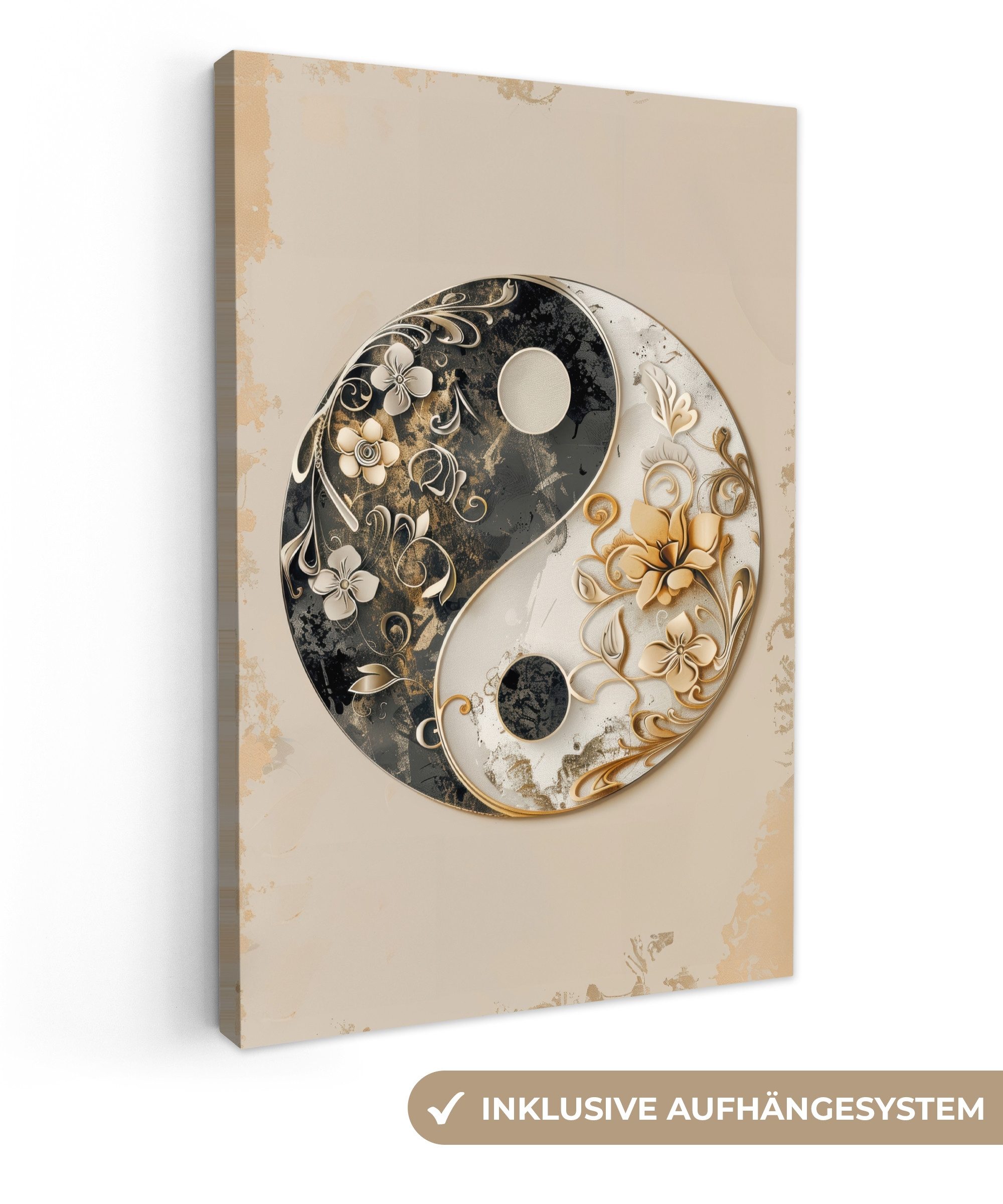 OneMillionCanvasses® Leinwandbild Yin Yang - Blumen - Schwarz - Weiß - Vintage, Fotodruck (1 St), Leinwand Canvas Wandbild, Wanddekoration 20x30 cm