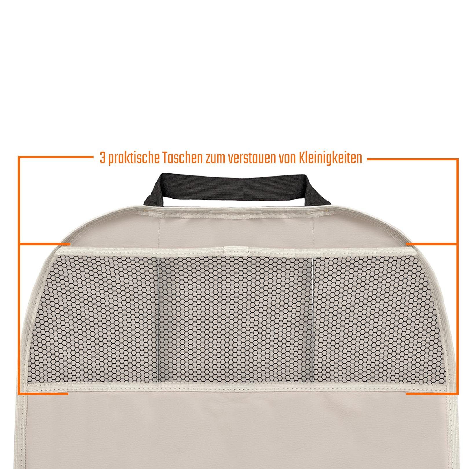Car in aus beige Rückenlehnenschutz L P Stück), Auto-Rückenlehnentasche Kunstleder Kinder 3 Sitzschoner Design mit Taschen (2 &
