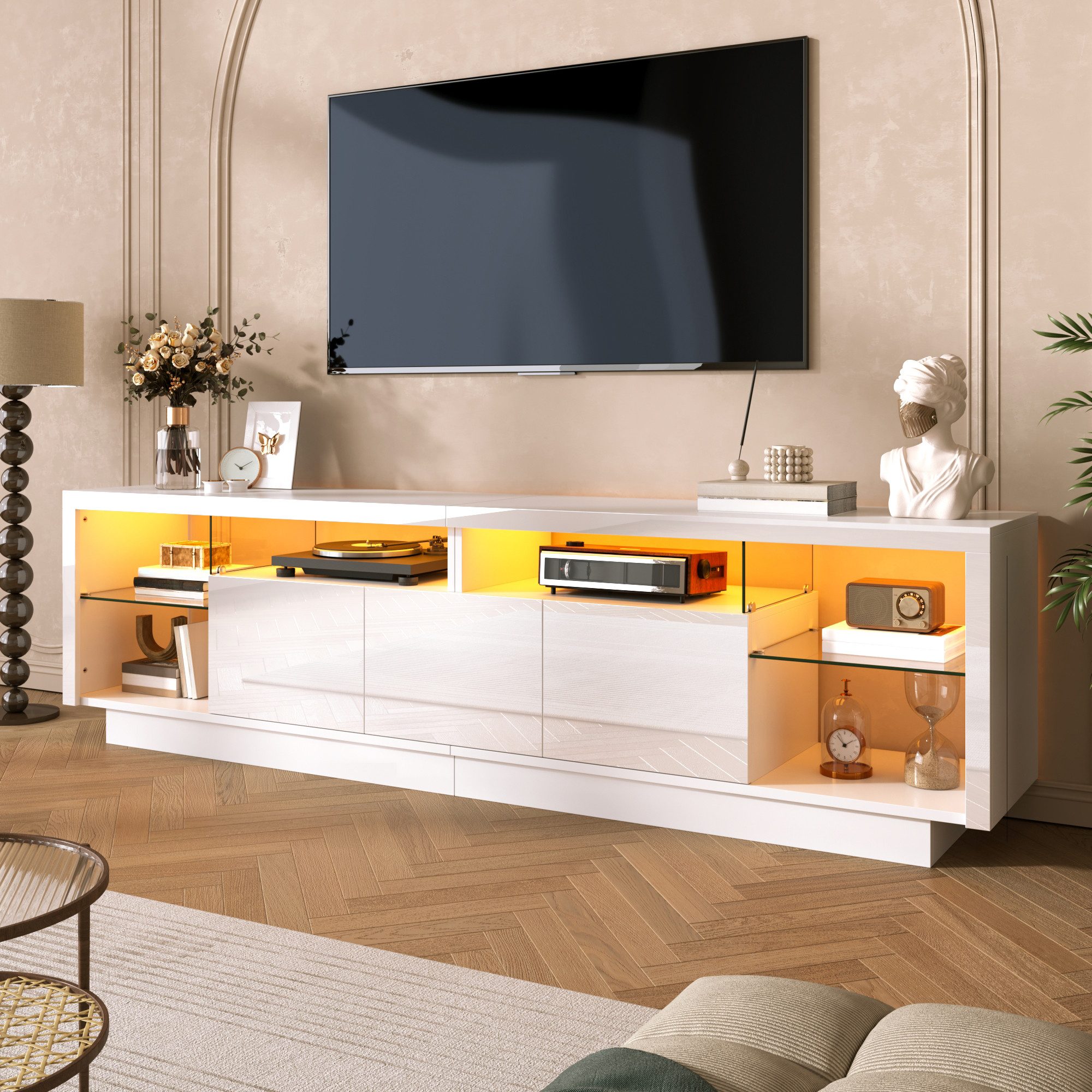 Merax Lowboard hochglanz Fernsehschrank mit LED-Beleuchtung inkl.APP (1 St), TV-Schrank mit 3 Türen, Glasfächern & offenem Stauraum, 200x38x55cm