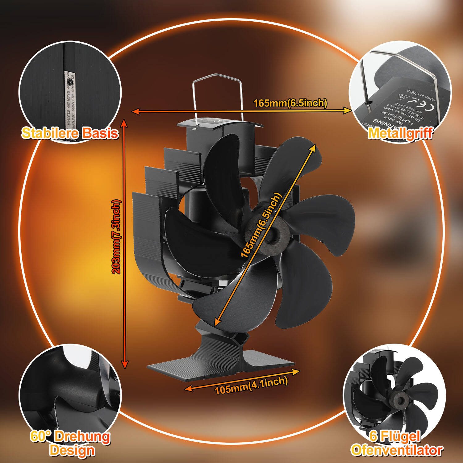 Clanmacy Kaminventilator 6 Blatt Ofenventilator Kaminofen Ventilator Schwen günstig online kaufen