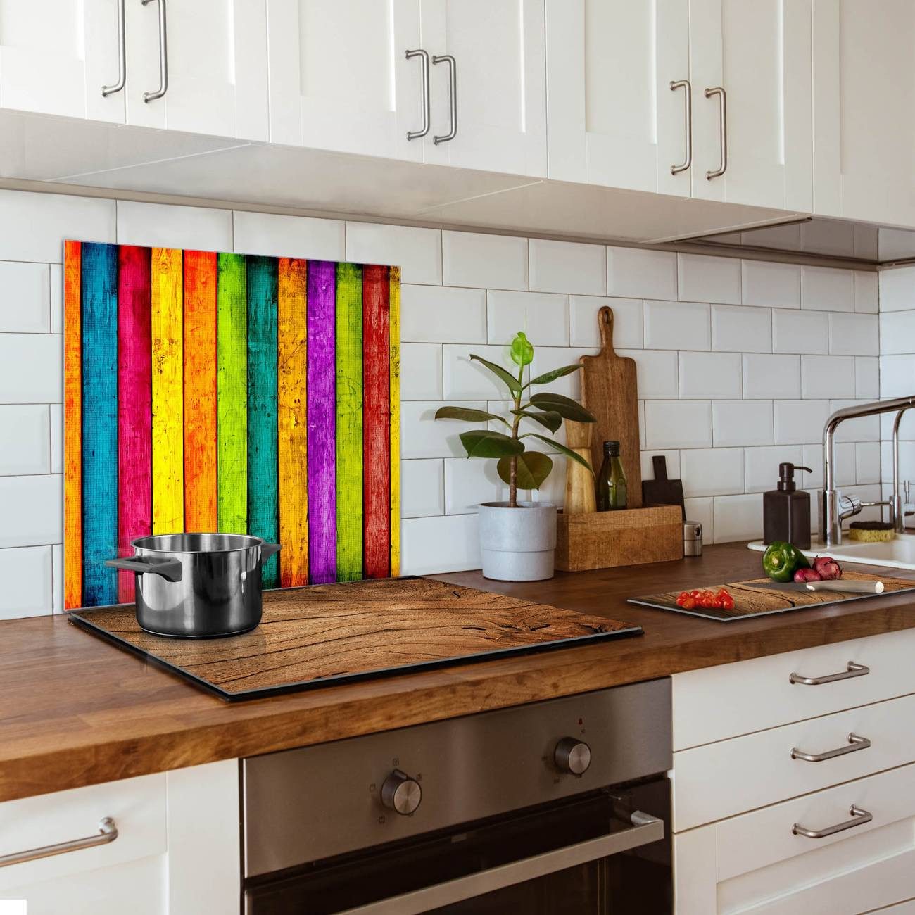 banjado Küchenrückwand Küchenrückwand Bunte Holzlatten, (gehärtetes Glas, inklusive 4 Magnete & 1 Kreidestift)