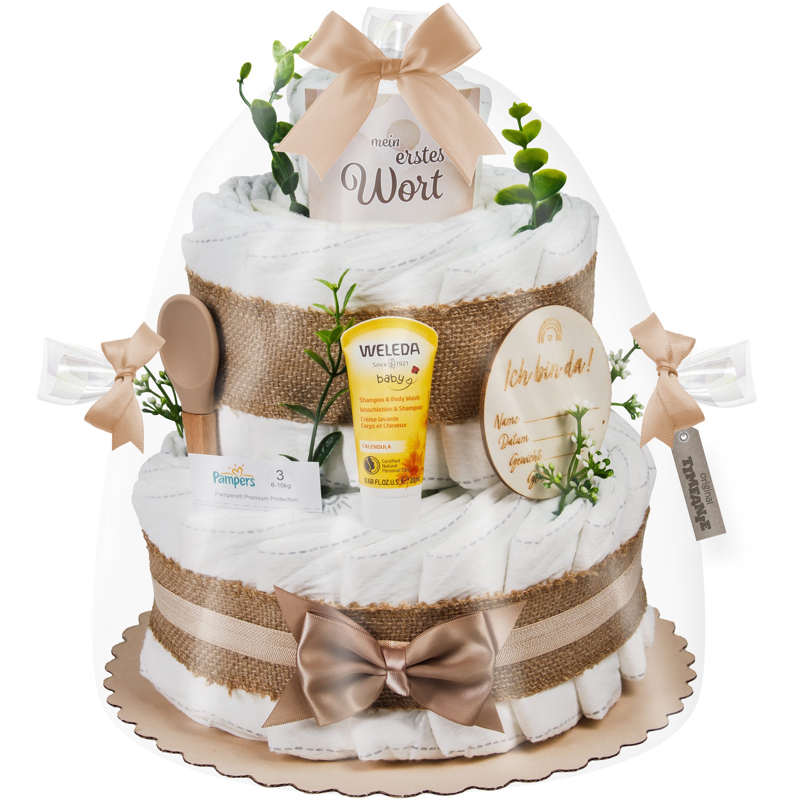 Timfanie Windeln Windeltorte, Boho Baby-Cake, natur, 0-8 Monate (Handgefertigtes Geschenk - In Folie gehüllt, mit Schleifen verziert, 37-St., 20 Pampers Premium, 1 Marken-Kuscheltie, wertige Accessoires), Das Perfekte Geschenk zur Geburt oder Babyparty.