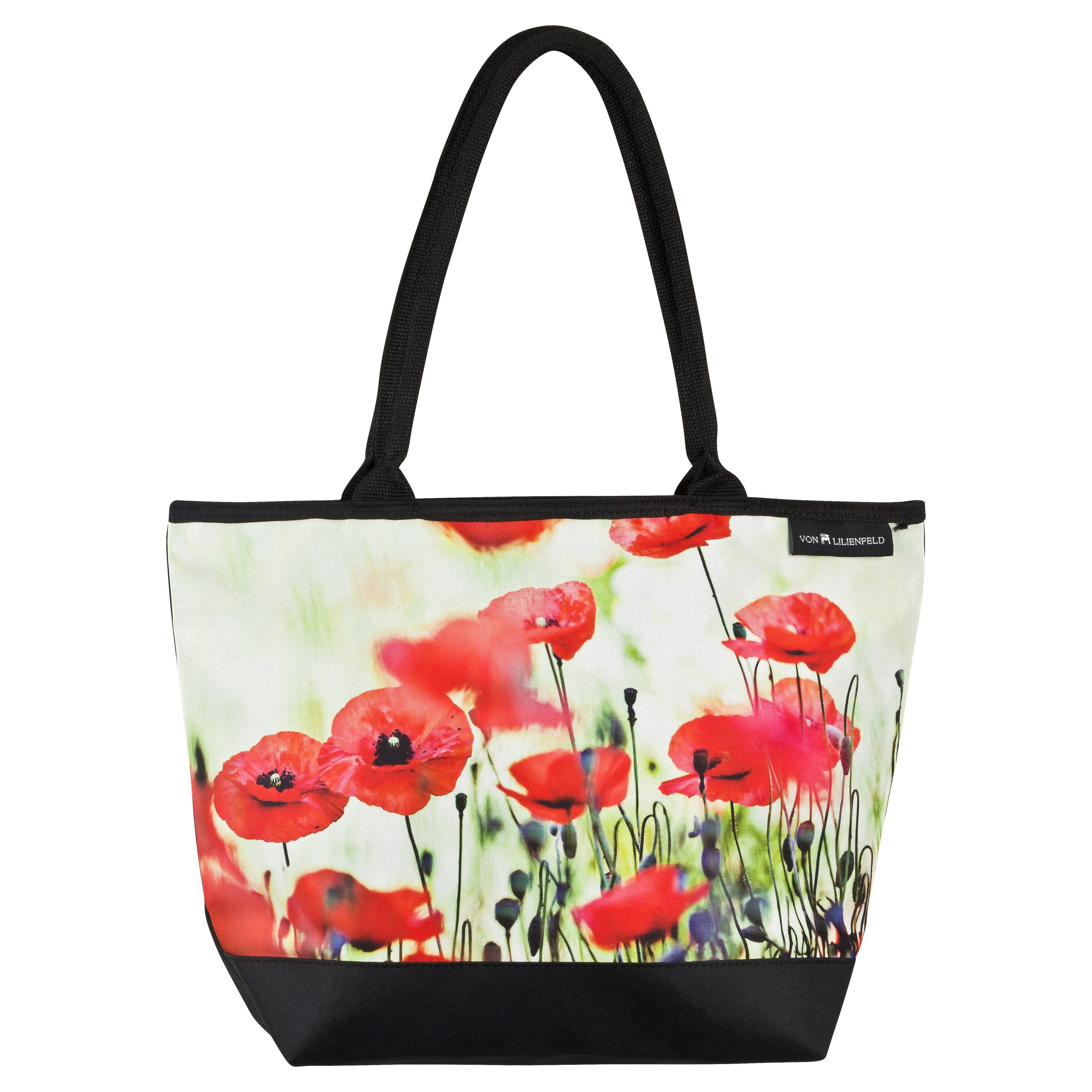 von Lilienfeld Handtasche VON LILIENFELD Handtasche Damen Motiv Mohnblumen Blüten Shopper Maße L42 x H30 x T15 cm Strandtasche Henkeltasche Büro, Blumenmuster