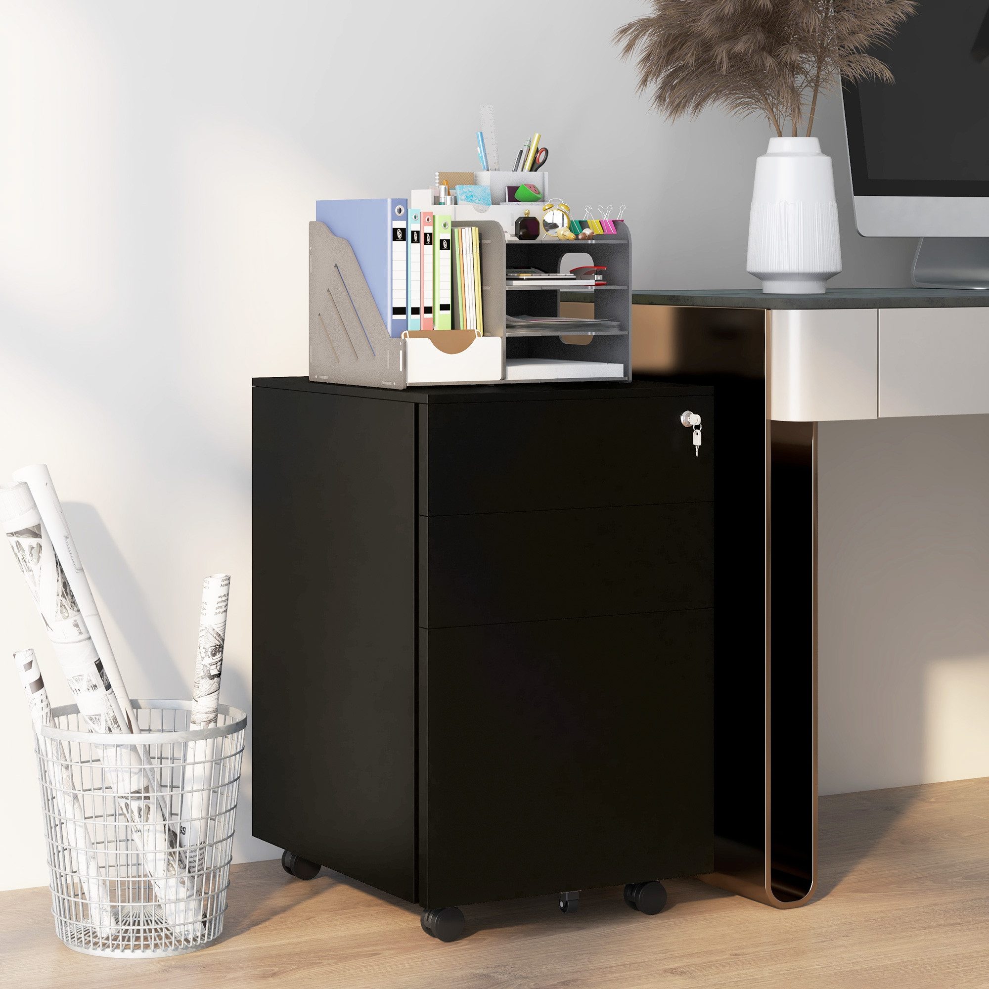 Vinsetto Rollcontainer Aktenschrank mit 3 Schubladen, Büroschrank mit Schloss, (Büroschrank, 1 St., Standcontainer), für A4-Format, Stahl, Schwarz, 37 x 43,5 x 60 cm