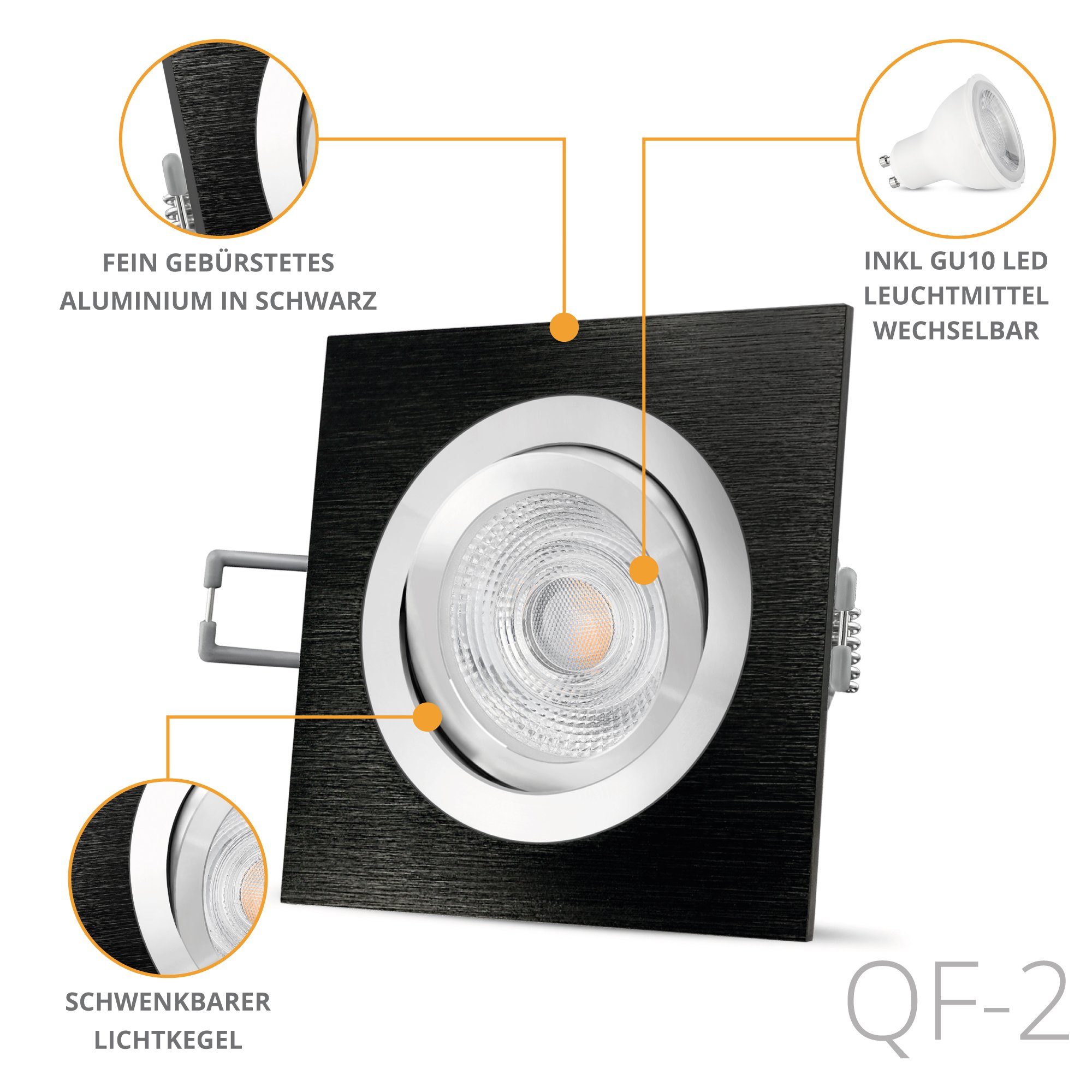 SSC-LUXon LED Warmweiß Einbauleuchte eckig mit schwenkbar Einbaustrahler LED QF-2 gebuerstet GU10, schwarz