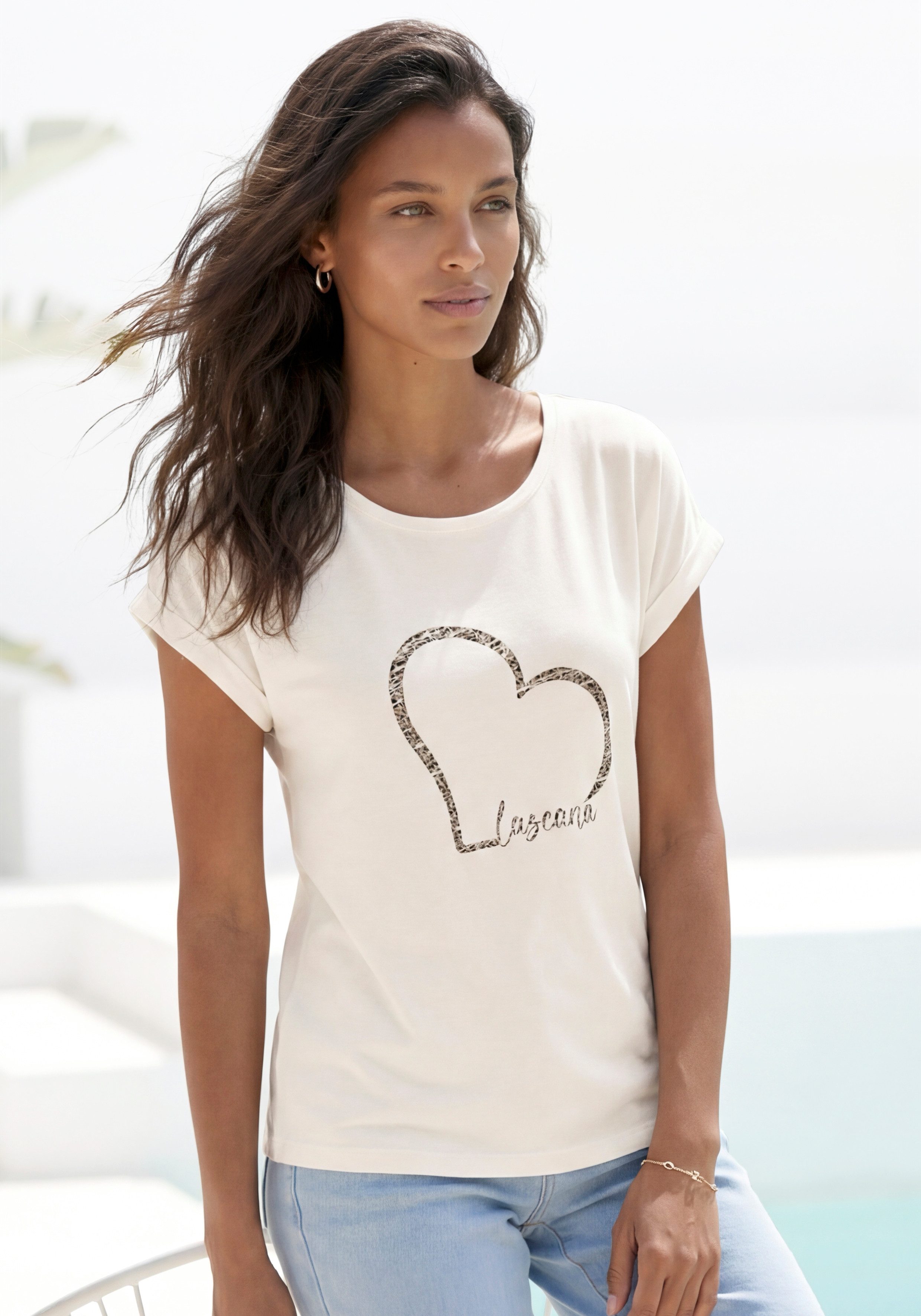 LASCANA Kurzarmshirt mit Lascana Herz Print aus weichem Viskose-Stretch