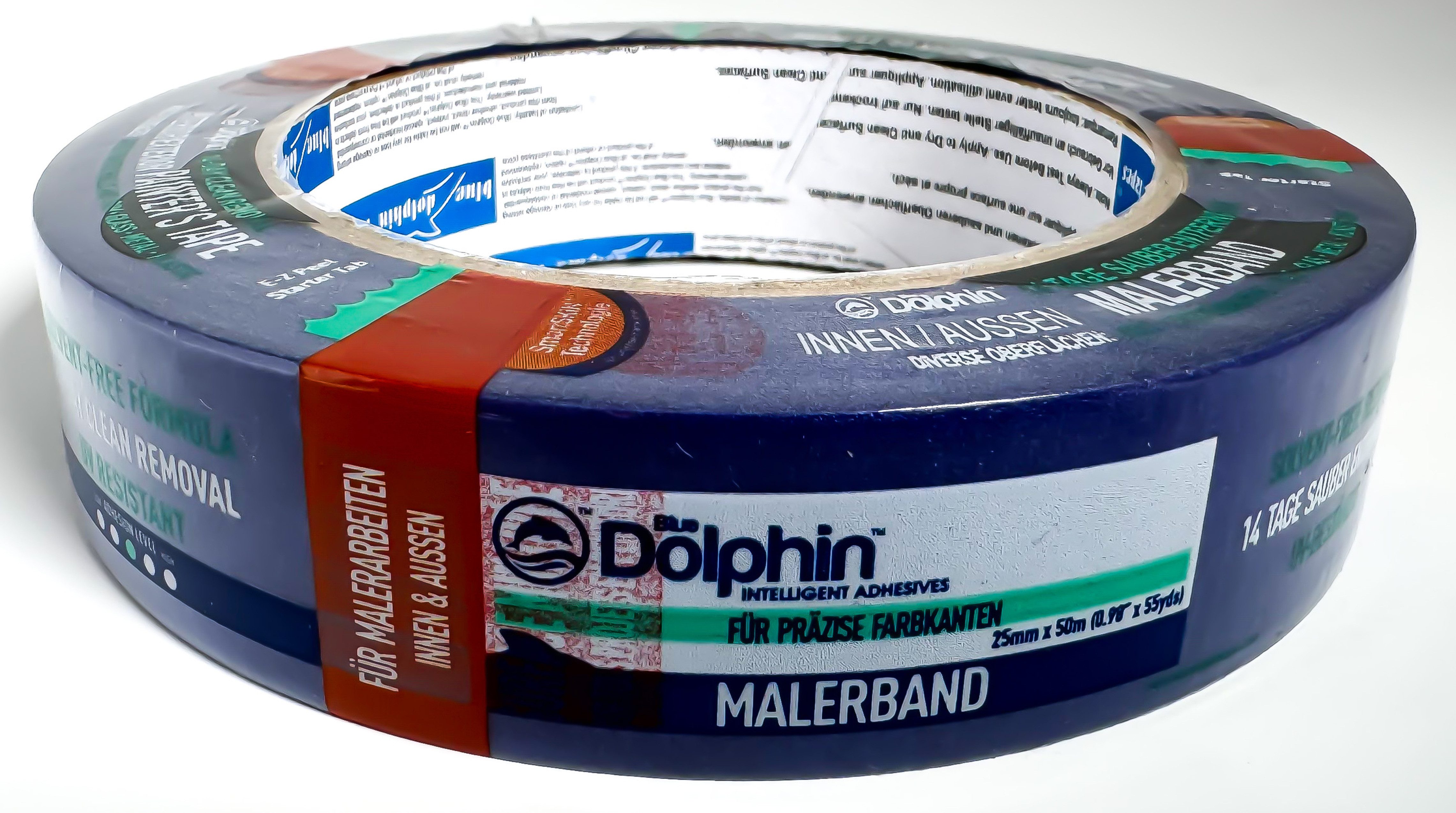 BlueDolphin Kreppband PROFI Malerkrepp Abklebeband Abdeckband Kreppband Klebeband Maler 48mm (je Auswahl, 1-St., Malerband 48 oder 25) Rückstandsfrei entfernbar, UV-beständig, Verhindert Unterlaufen
